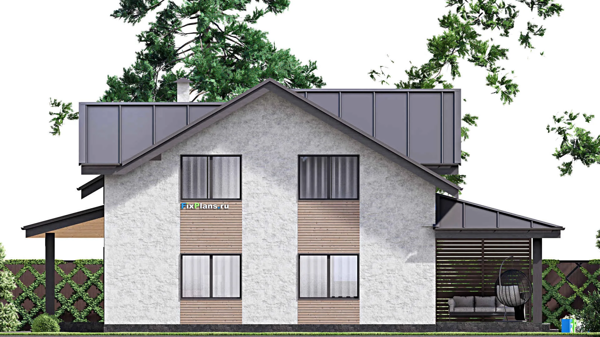 F-13697 - Проект дома с мансардой 16 на 17, площадью 280 м² с террасой, гаражом на 1 машину и 4 спальнями