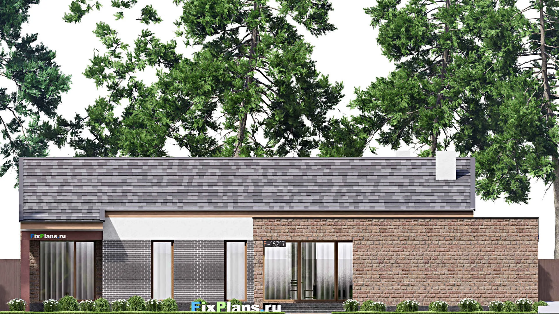 F-16217 - Проект одноэтажного дома 13 на 23, площадью 240 м² с террасой, гаражом на 2 машины и 4 спальнями