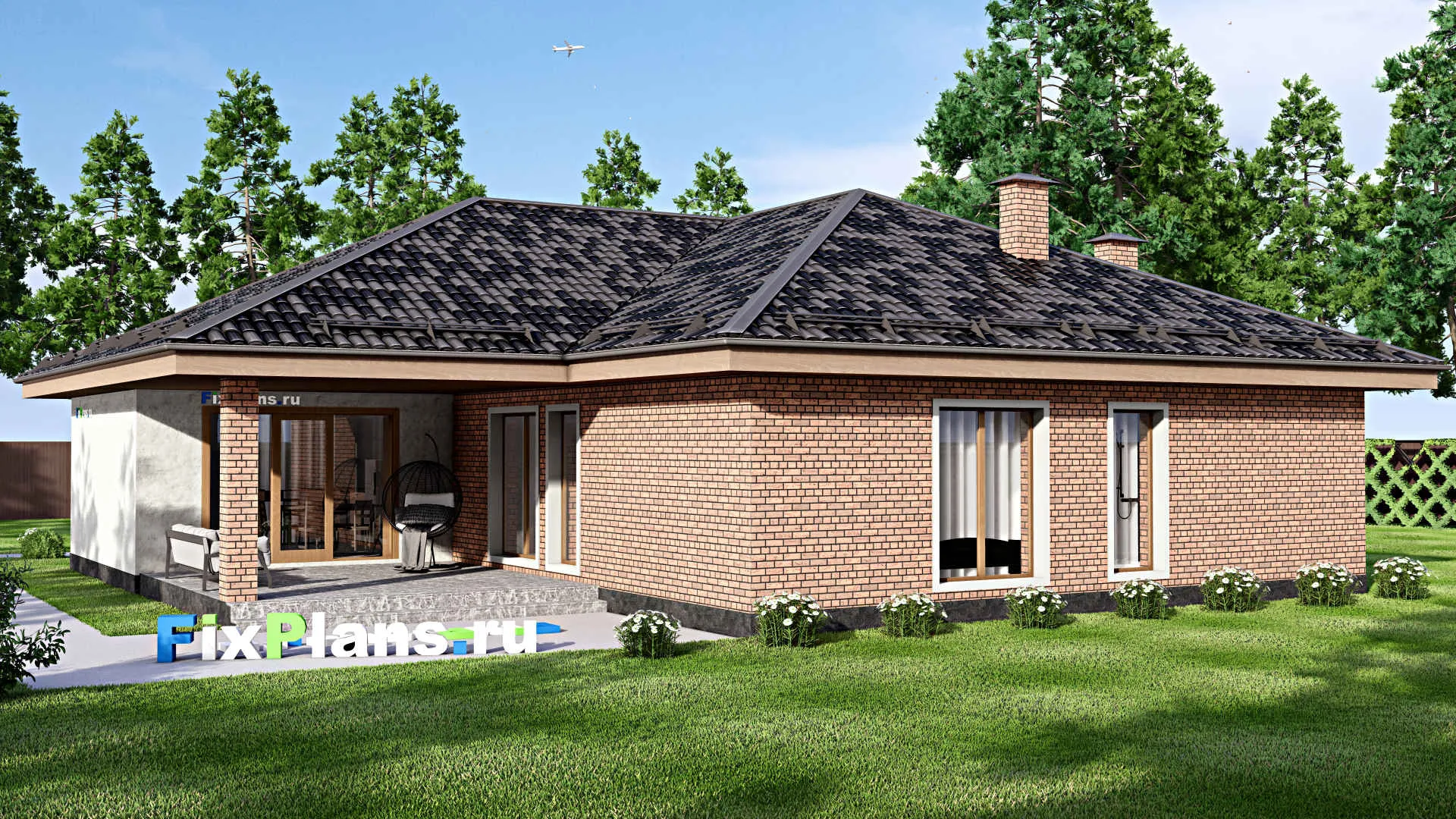 F-13481 - Проект одноэтажного дома 17 на 20, площадью 230 м² с террасой, гаражом на 2 машины и 3 спальнями