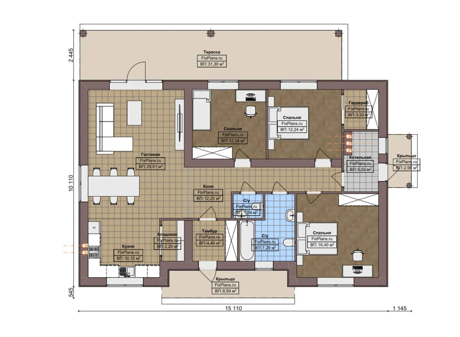 F-5957 - План одноэтажного дома 11 на 16, площадью 160 м² с террасой и 3 спальнями