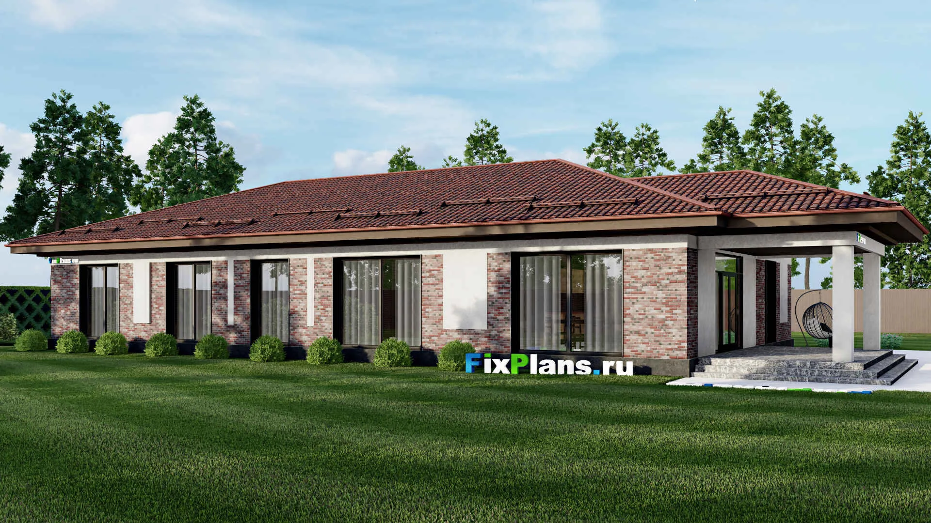 F-1898 - Проект одноэтажного дома 13 на 24, площадью 250 м² с террасой и 4 спальнями