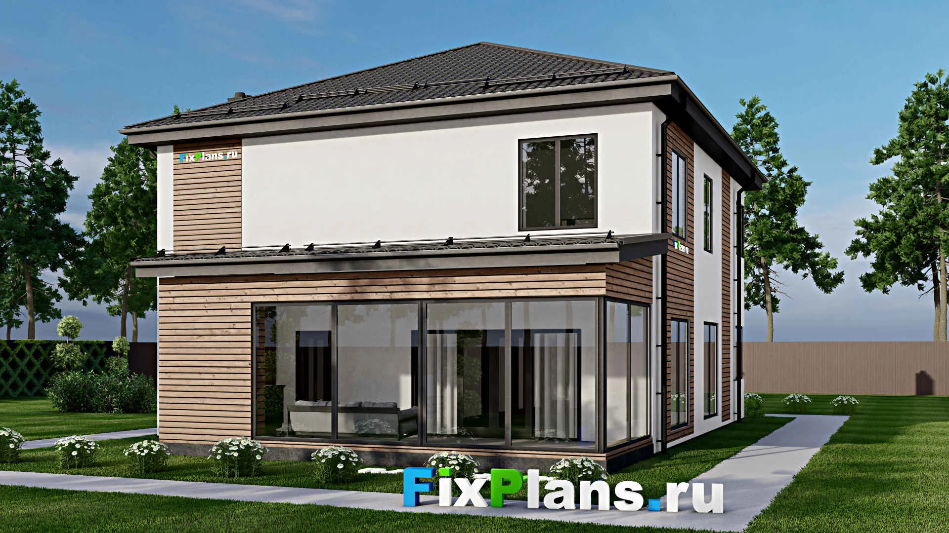 F-4049 - Планы двухэтажного дома 12 на 17, площадью 230 м² с террасой, баней и 4 спальнями