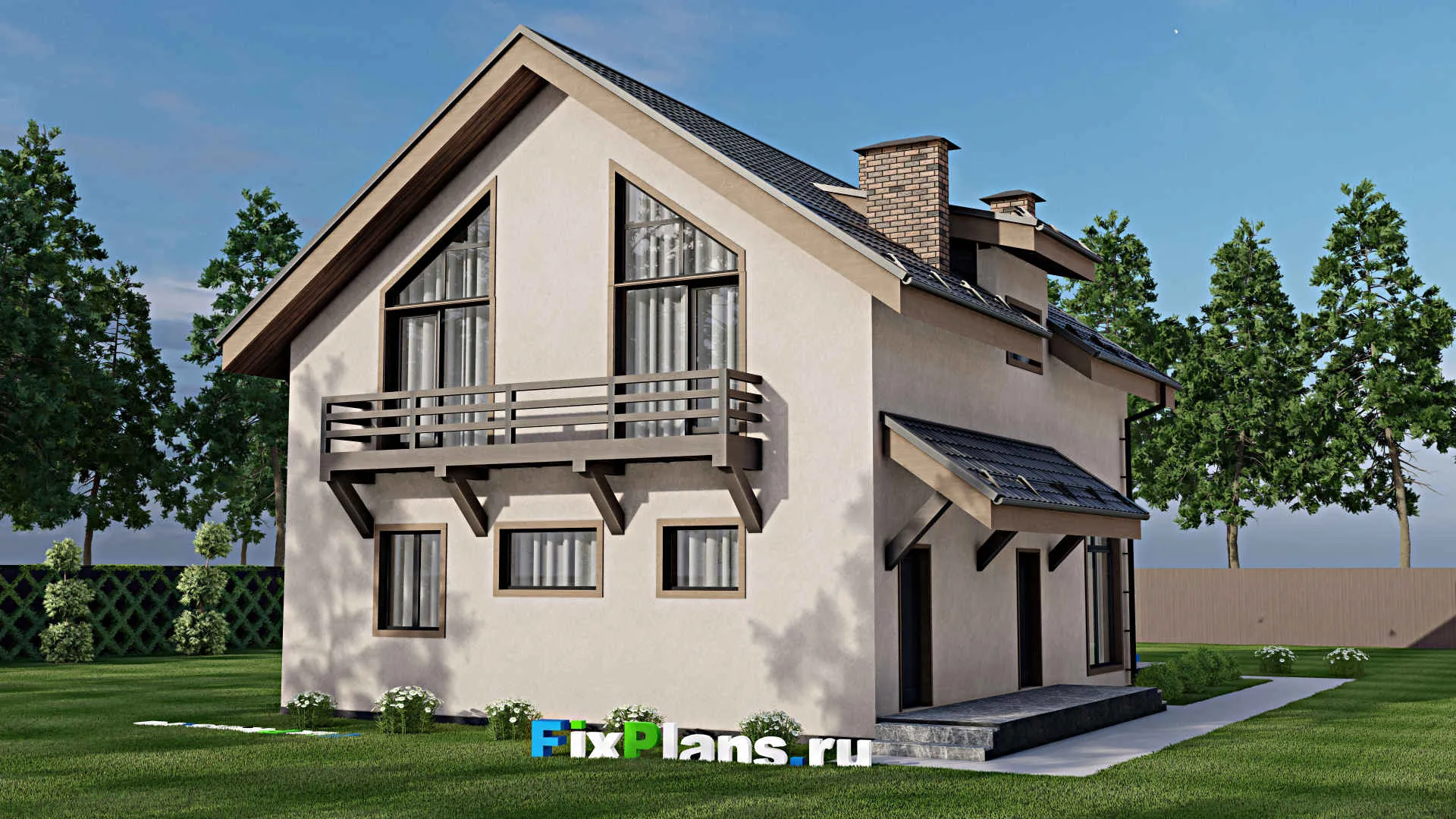 F-9674 - Проект дома с мансардой 12 на 15, площадью 230 м² с террасой, балконом и 4 спальнями