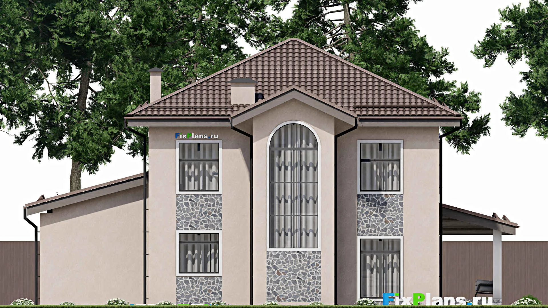 F-6362 - Проект двухэтажного дома 15 на 15, площадью 240 м² с террасой, балконом, баней, гаражом на 1 машину и 3 спальнями