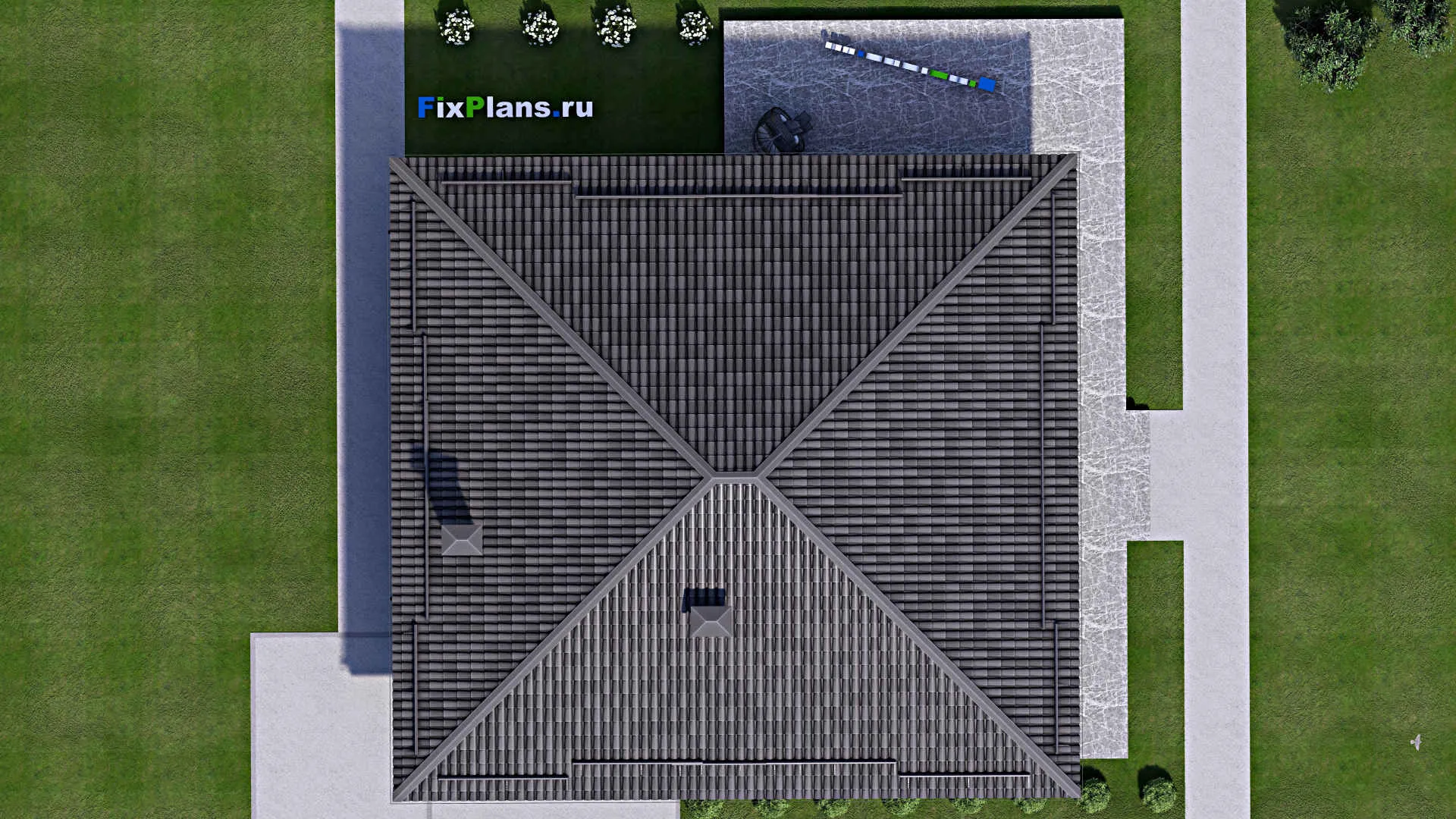 F-14570 - Проект одноэтажного дома 17 на 17, площадью 220 м² с террасой и 2 спальнями