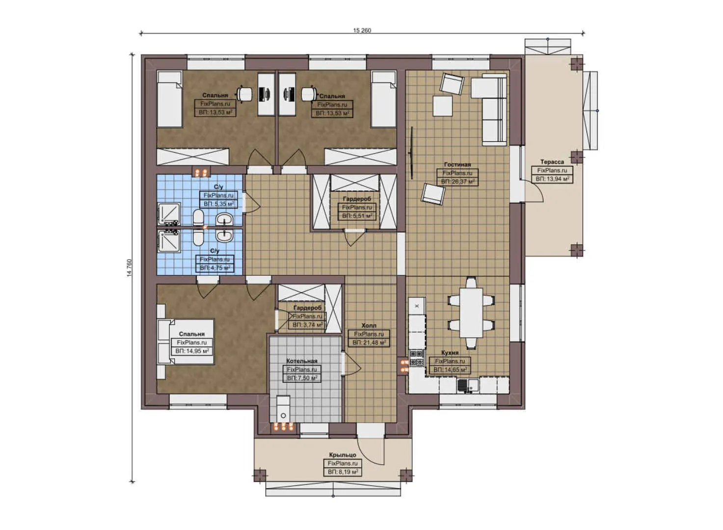 F-9350 - План одноэтажного дома 15 на 16, площадью 160 м² с террасой и 3 спальнями