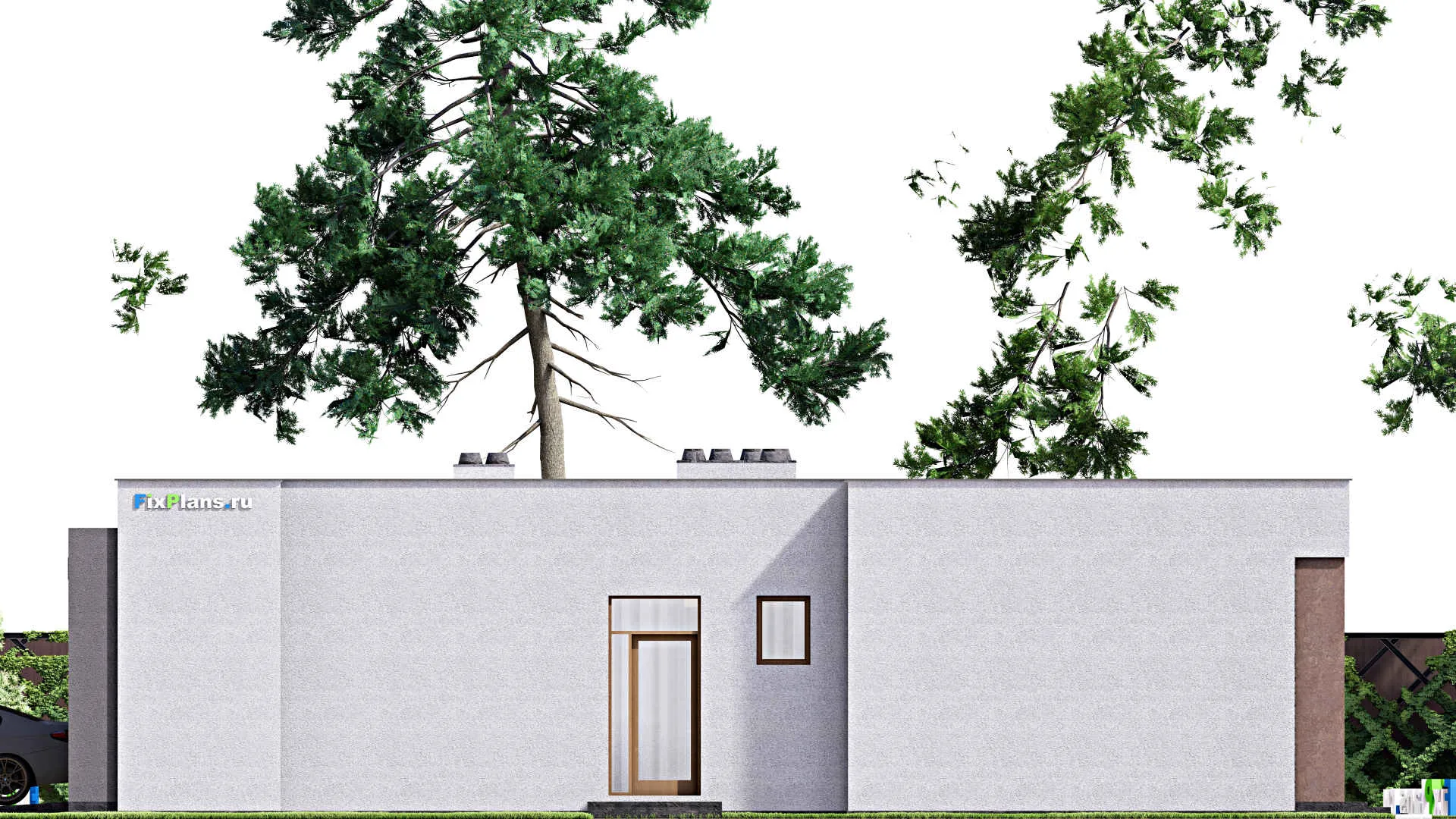 F-16361 - Проект одноэтажного дома 18 на 18, площадью 470 м² с террасой, гаражом на 1 машину и 3 спальнями