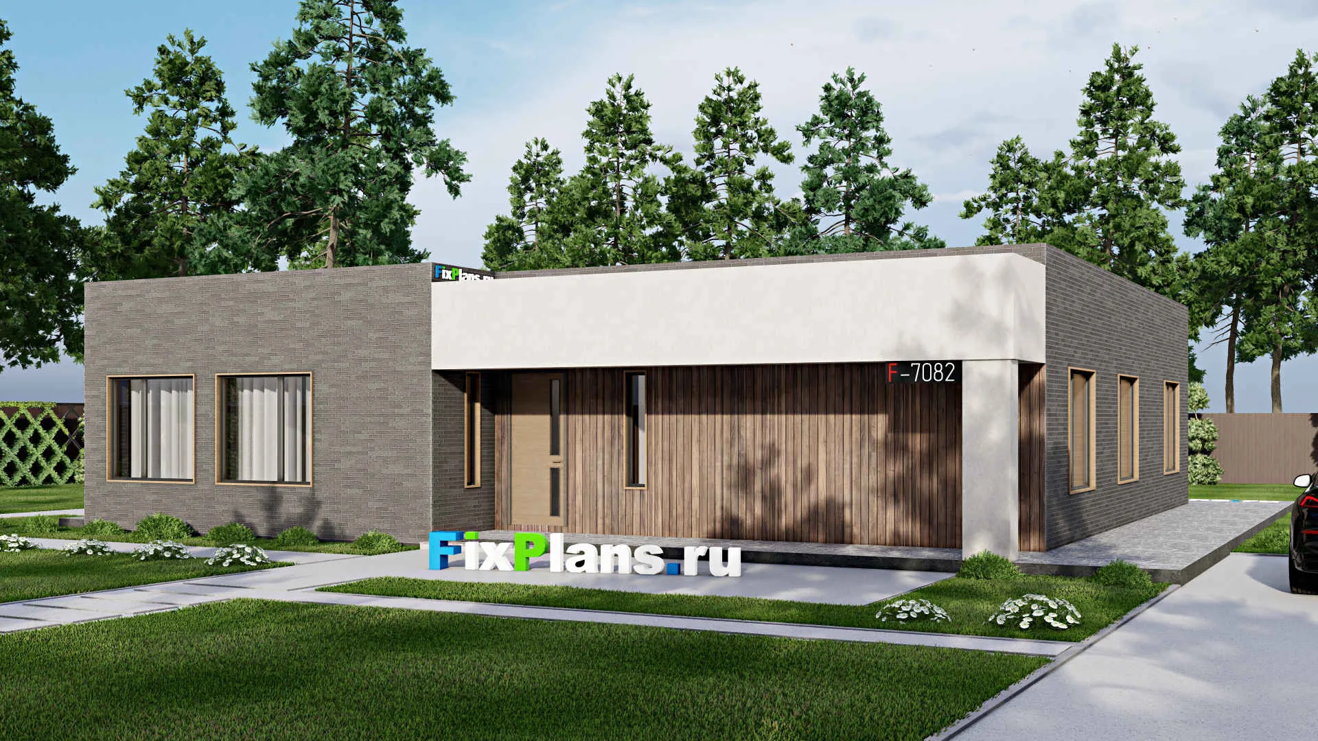 F-7082 - Проект одноэтажного дома 17 на 21, площадью 280 м² с террасой и 4 спальнями