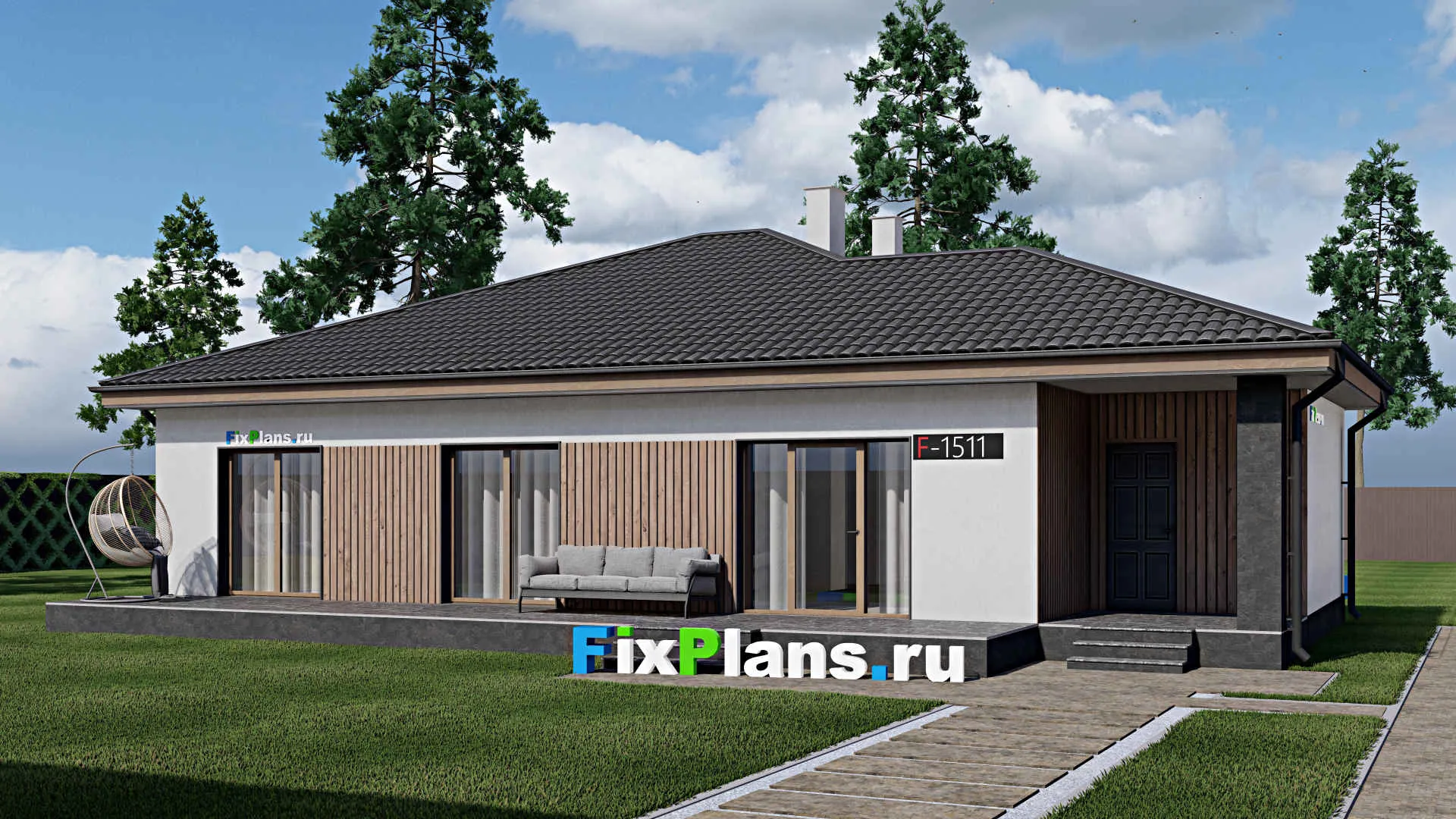 F-1511 - Проект одноэтажного дома 12 на 17, площадью 170 м² с террасой и 3 спальнями