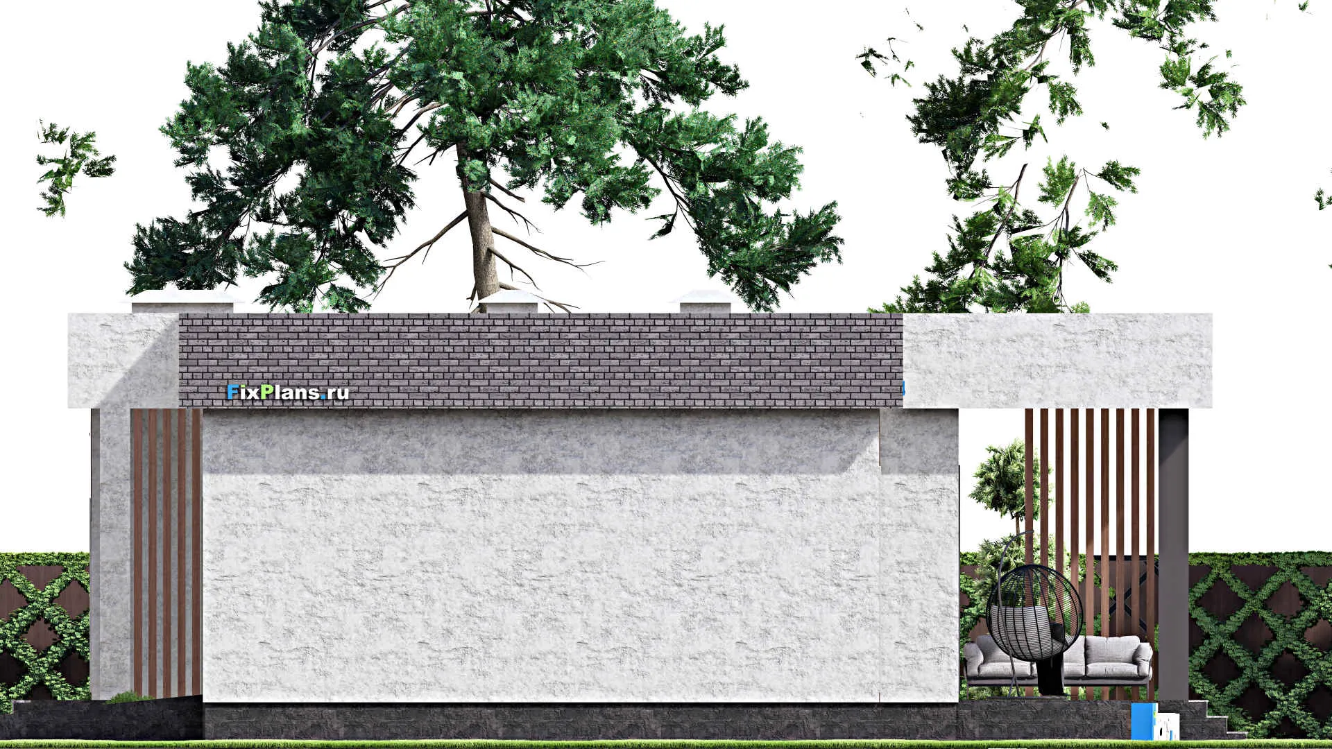 F-13139 - Проект одноэтажного дома 15 на 23, площадью 220 м² с террасой, гаражом на 2 машины и 2 спальнями