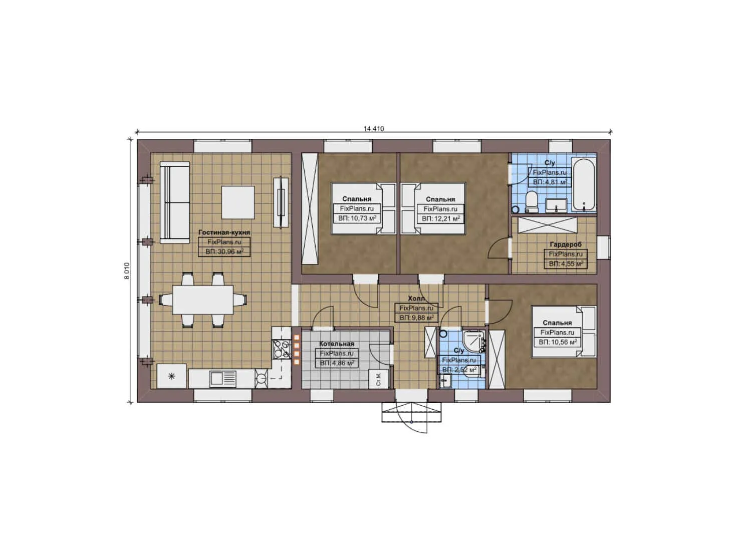 F-9260 - План одноэтажного дома 9 на 15, площадью 100 м² с 3 спальнями