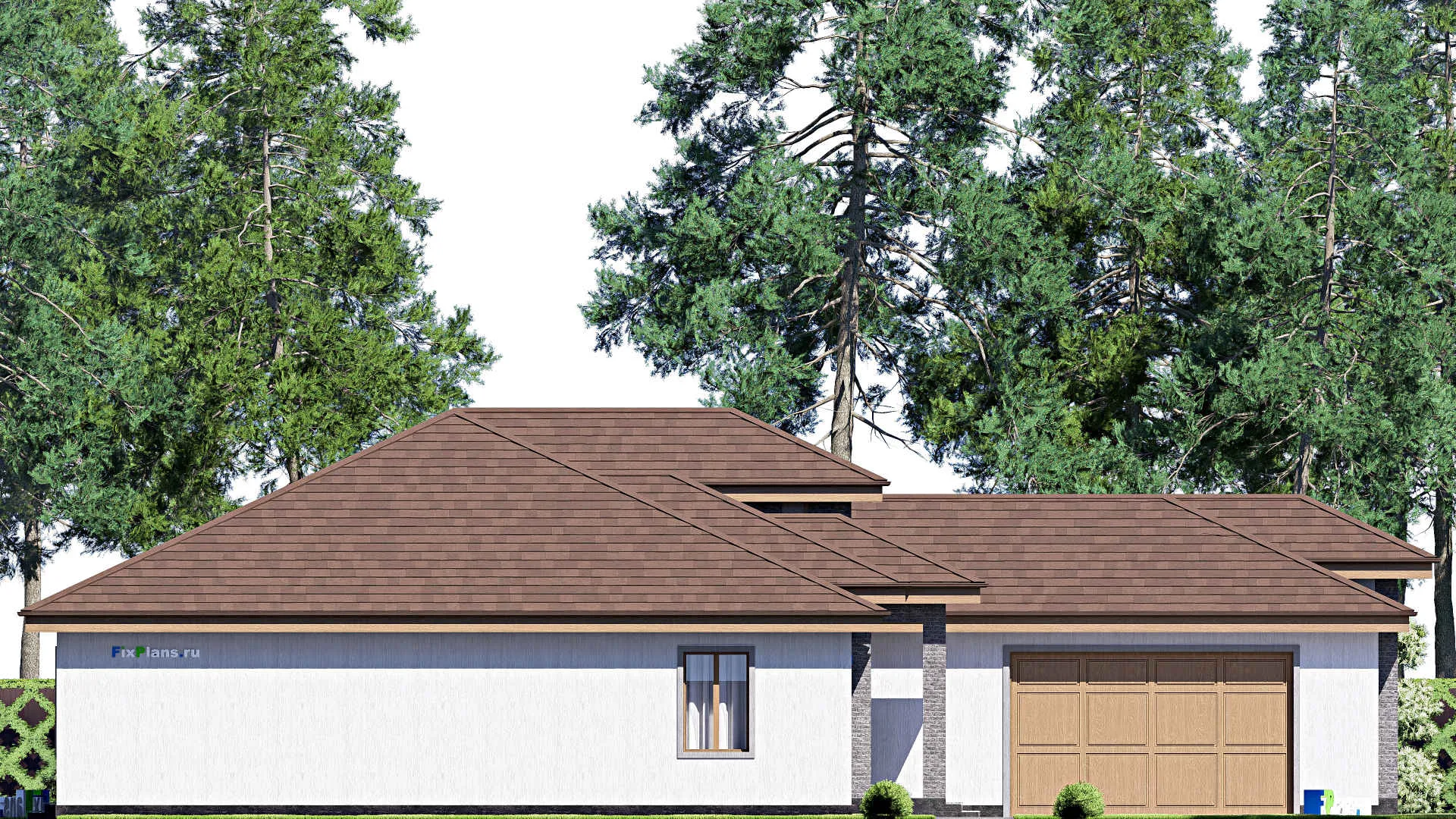 F-17225 - Проект одноэтажного дома 20 на 24, площадью 300 м² с террасой, гаражом на 2 машины и 4 спальнями