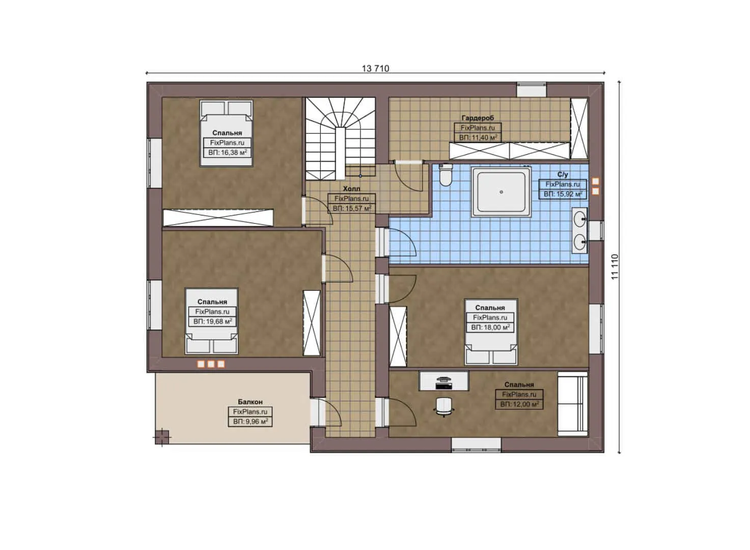 F-5921 - Планы двухэтажного дома 12 на 14, площадью 250 м² с балконом, баней и 4 спальнями