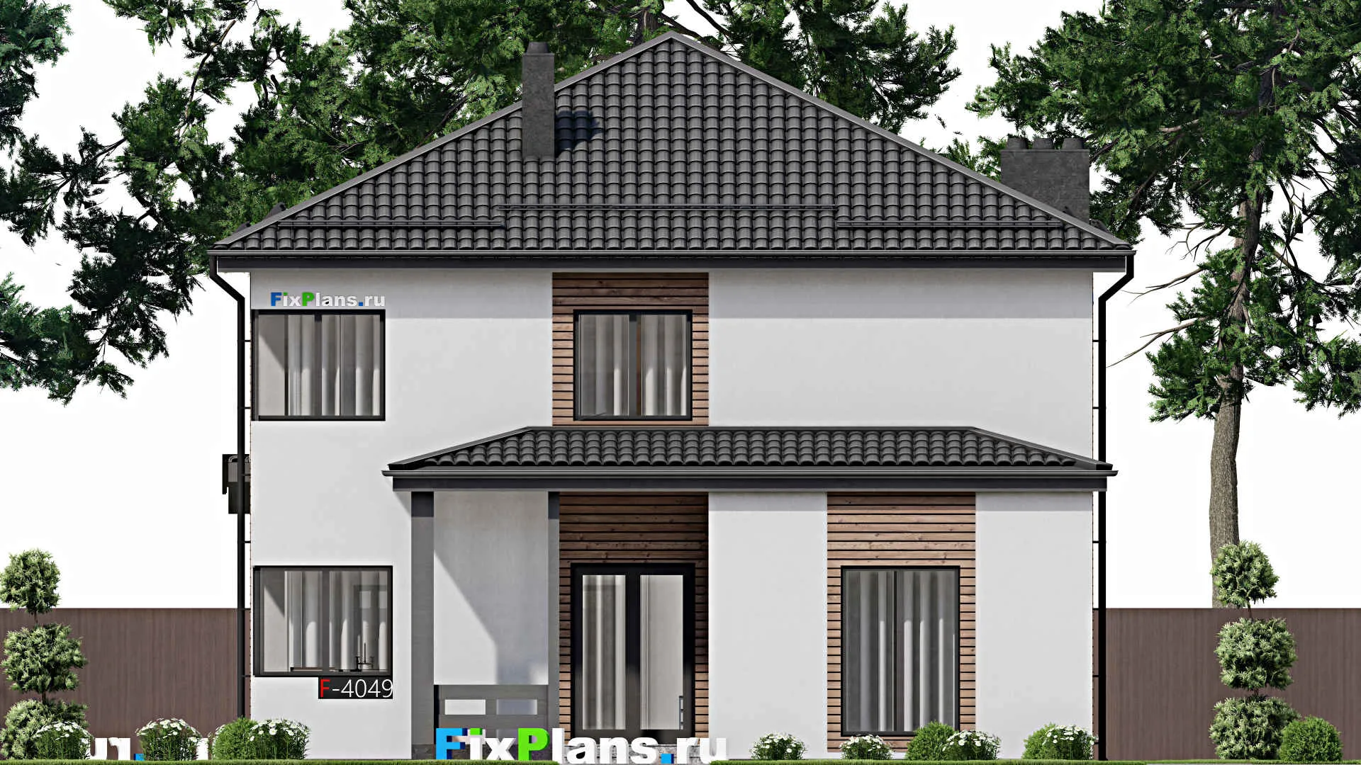 F-4049 - Планы двухэтажного дома 12 на 17, площадью 230 м² с террасой, баней и 4 спальнями