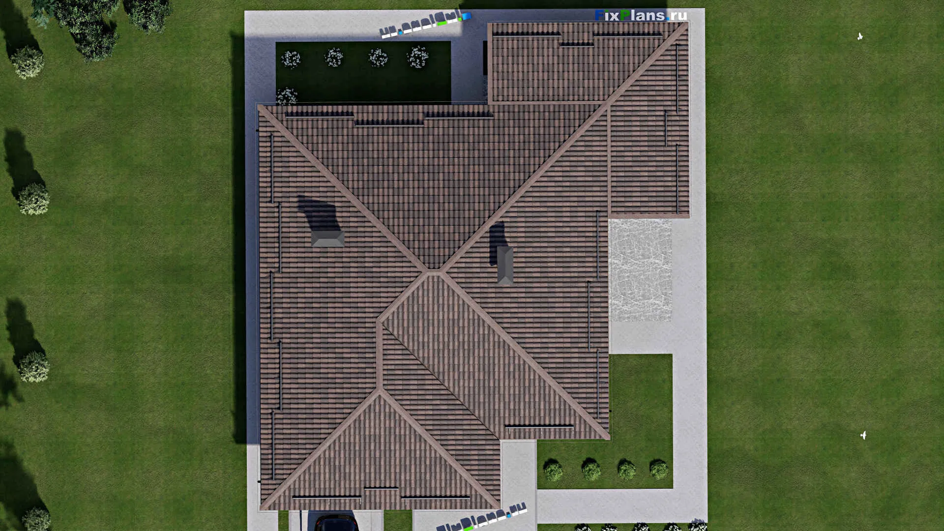 F-6749 - План одноэтажного дома 17 на 20, площадью 220 м² с террасой, гаражом на 2 машины и 3 спальнями