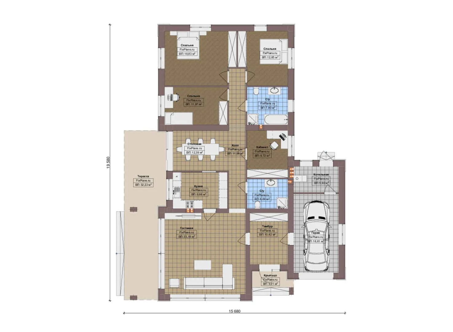 F-16136 - План одноэтажного дома 16 на 20, площадью 210 м² с террасой, гаражом на 1 машину и 3 спальнями