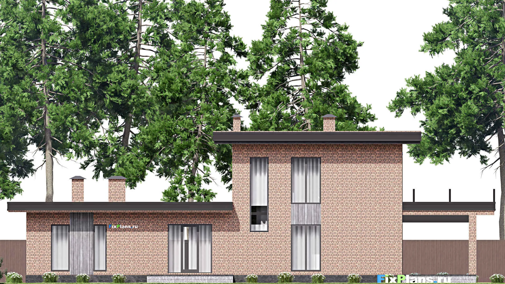 F-16838 - Проект одноэтажного дома 14 на 25, площадью 380 м² с террасой, балконом и 4 спальнями