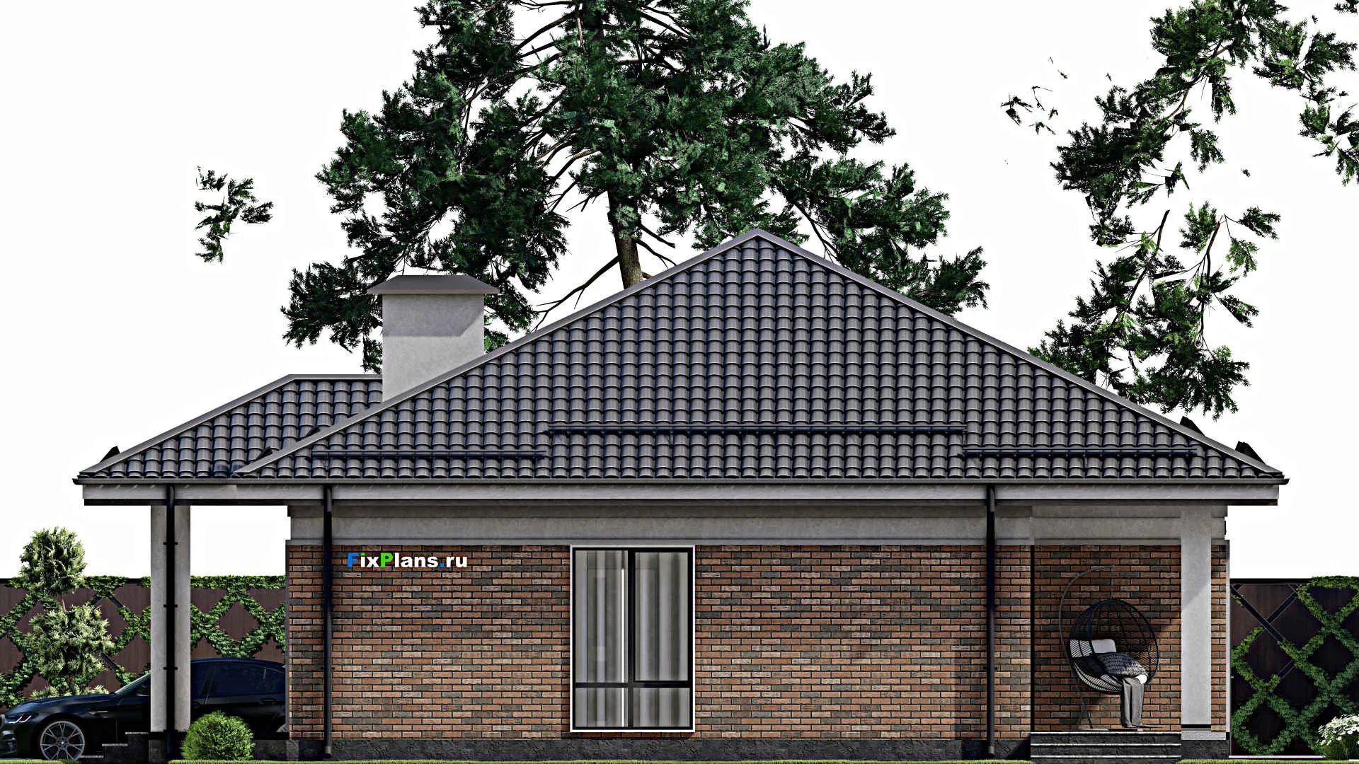 F-2555 - Проект одноэтажного дома 12 на 18, площадью 180 м² с террасой, гаражом на 2 машины и 3 спальнями