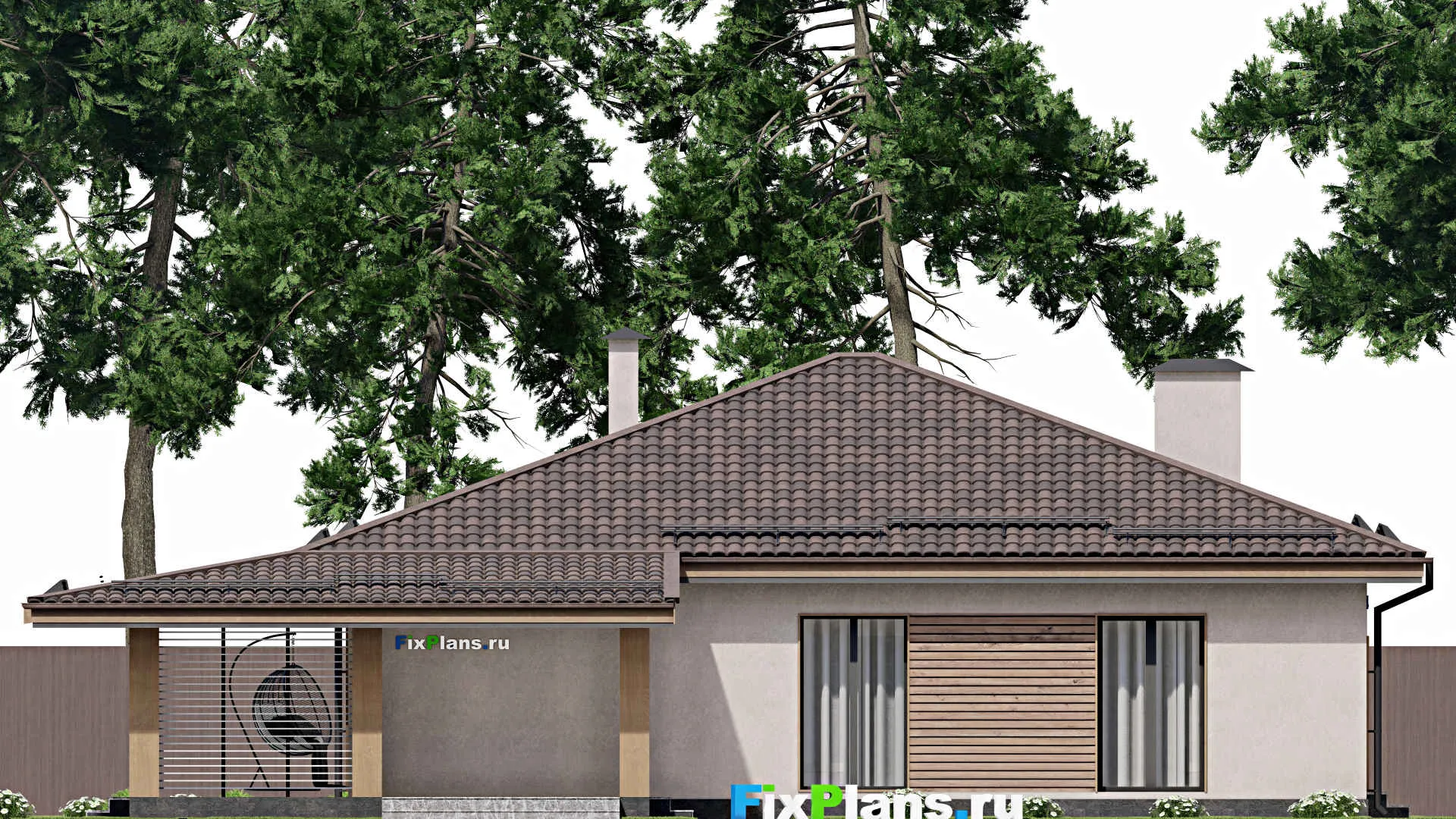 F-6749 - План одноэтажного дома 17 на 20, площадью 220 м² с террасой, гаражом на 2 машины и 3 спальнями