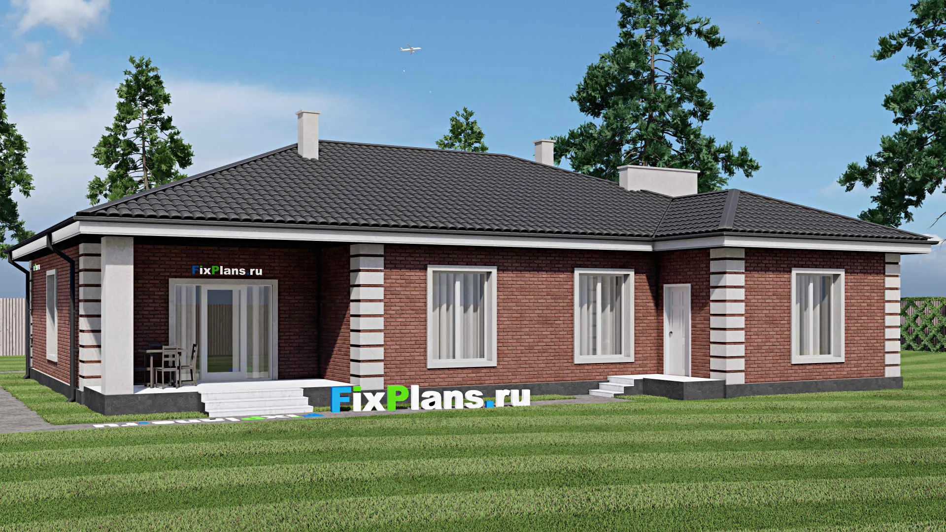 F-1205 - Проект одноэтажного дома 17 на 19, площадью 200 м² с террасой, баней, гаражом на 1 машину и 3 спальнями