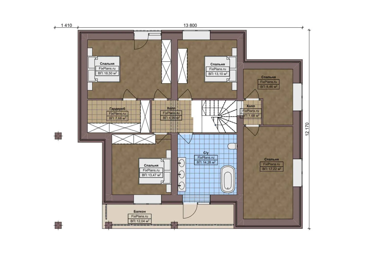 F-2897 - Планы дома с мансардой 13 на 14, площадью 250 м² с террасой, балконом, гаражом на 1 машину и 6 спальнями