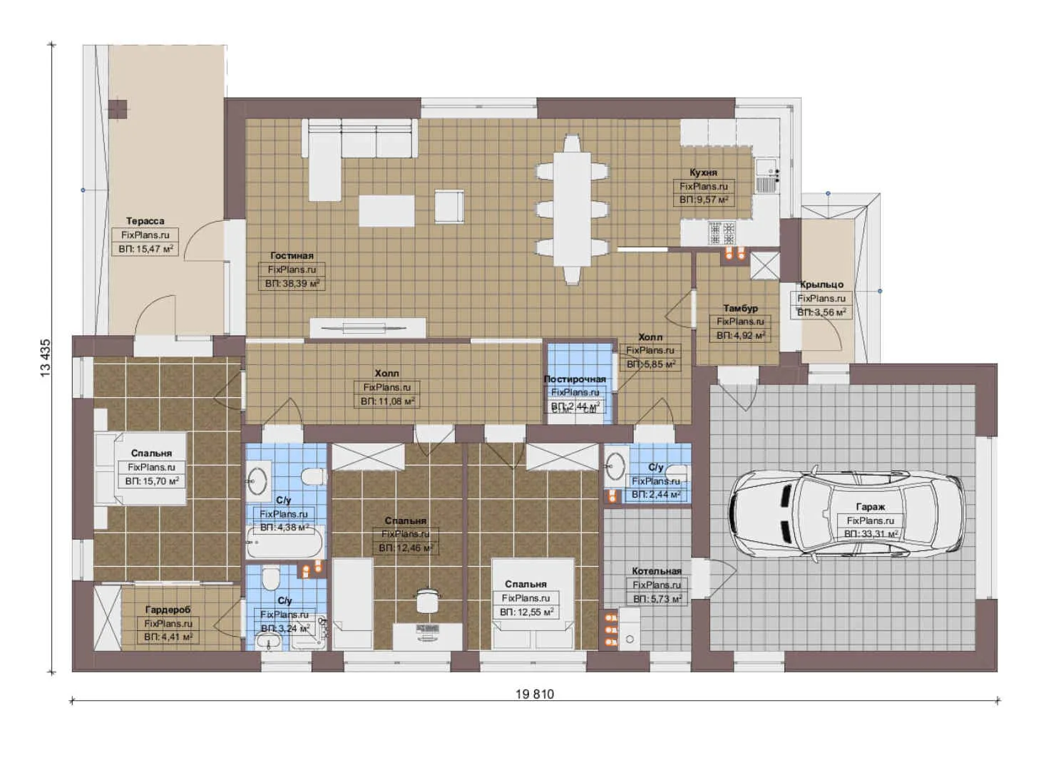 F-16055 - План одноэтажного дома 14 на 20, площадью 190 м² с террасой, гаражом на 1 машину и 3 спальнями