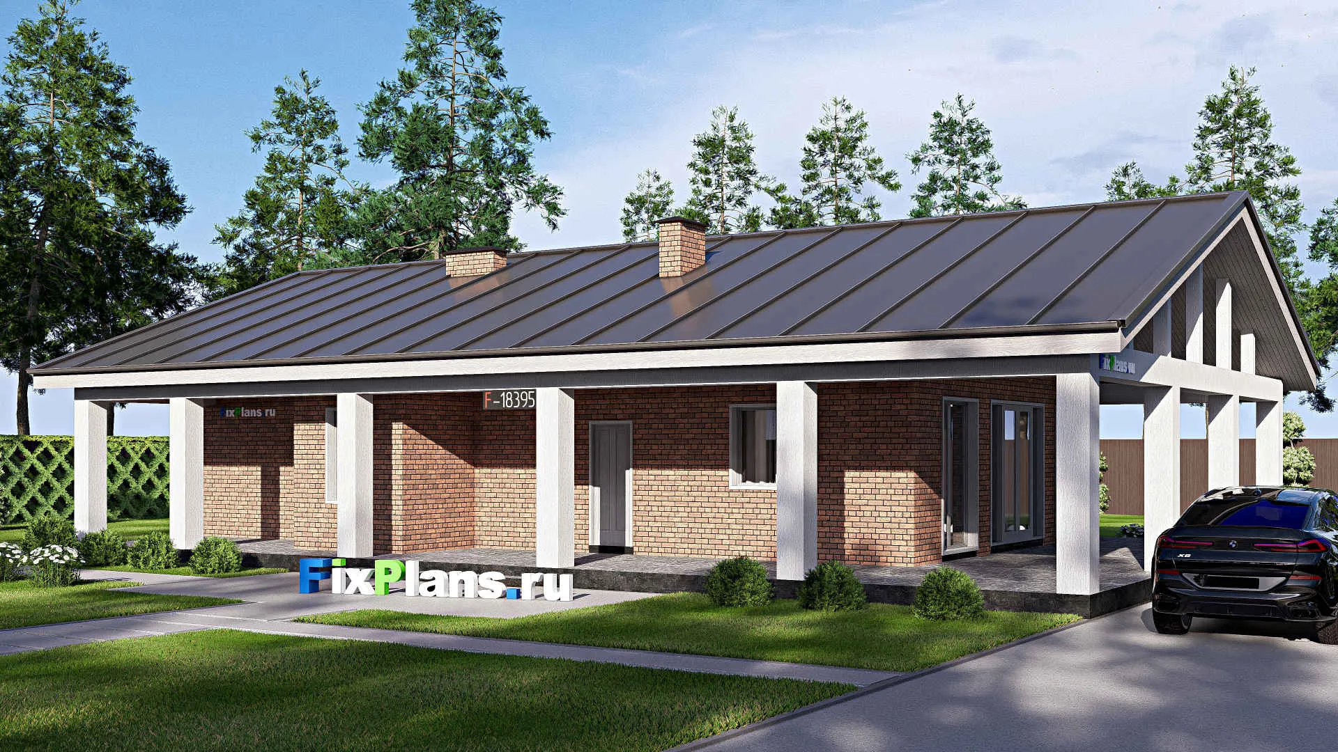 F-18395 - Проект одноэтажного дома 13 на 19, площадью 210 м² с террасой, баней и 3 спальнями