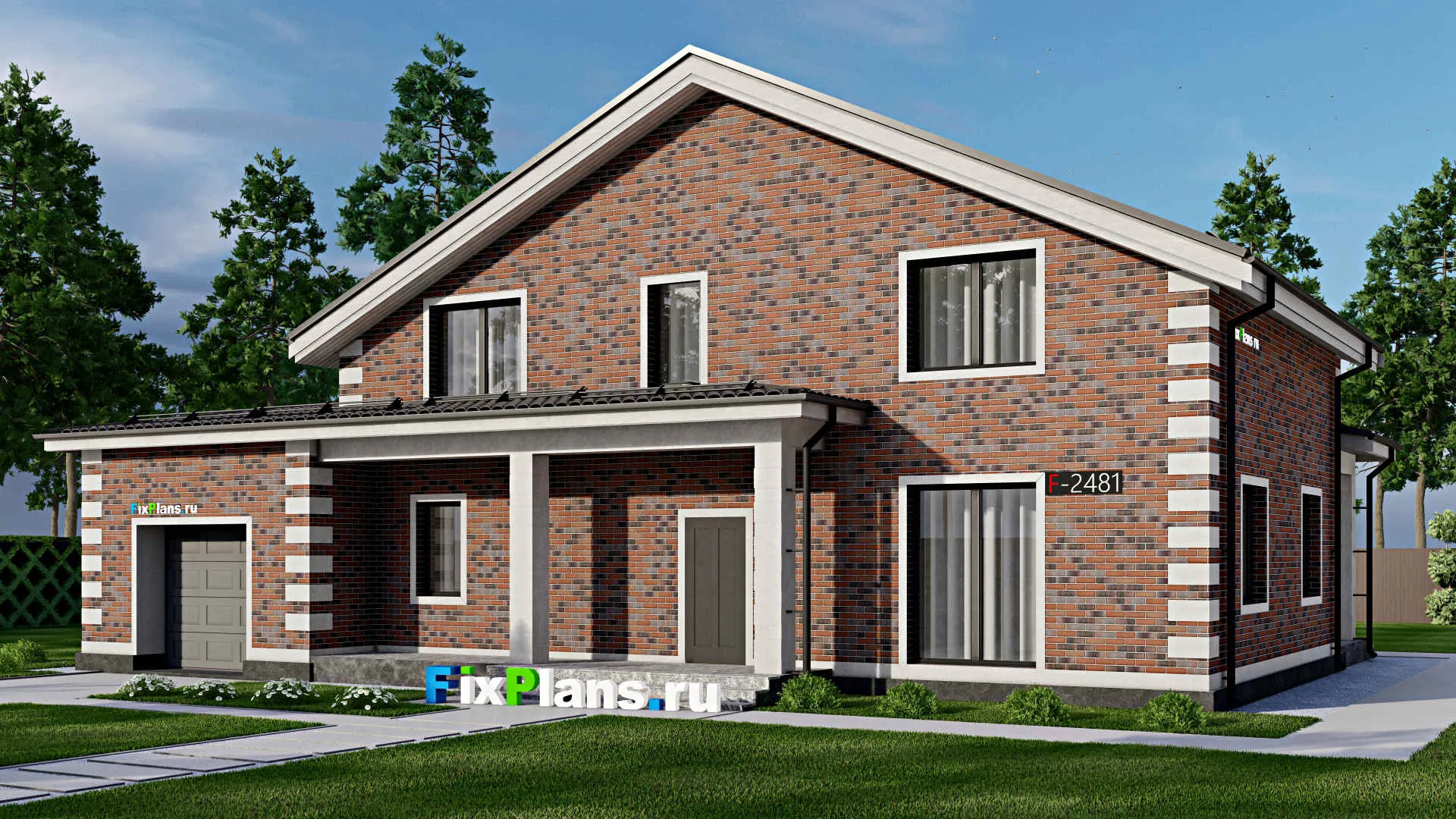 F-2483 - Проект дома с мансардой 14 на 19, площадью 300 м² с террасой, баней, гаражом на 1 машину и 4 спальнями