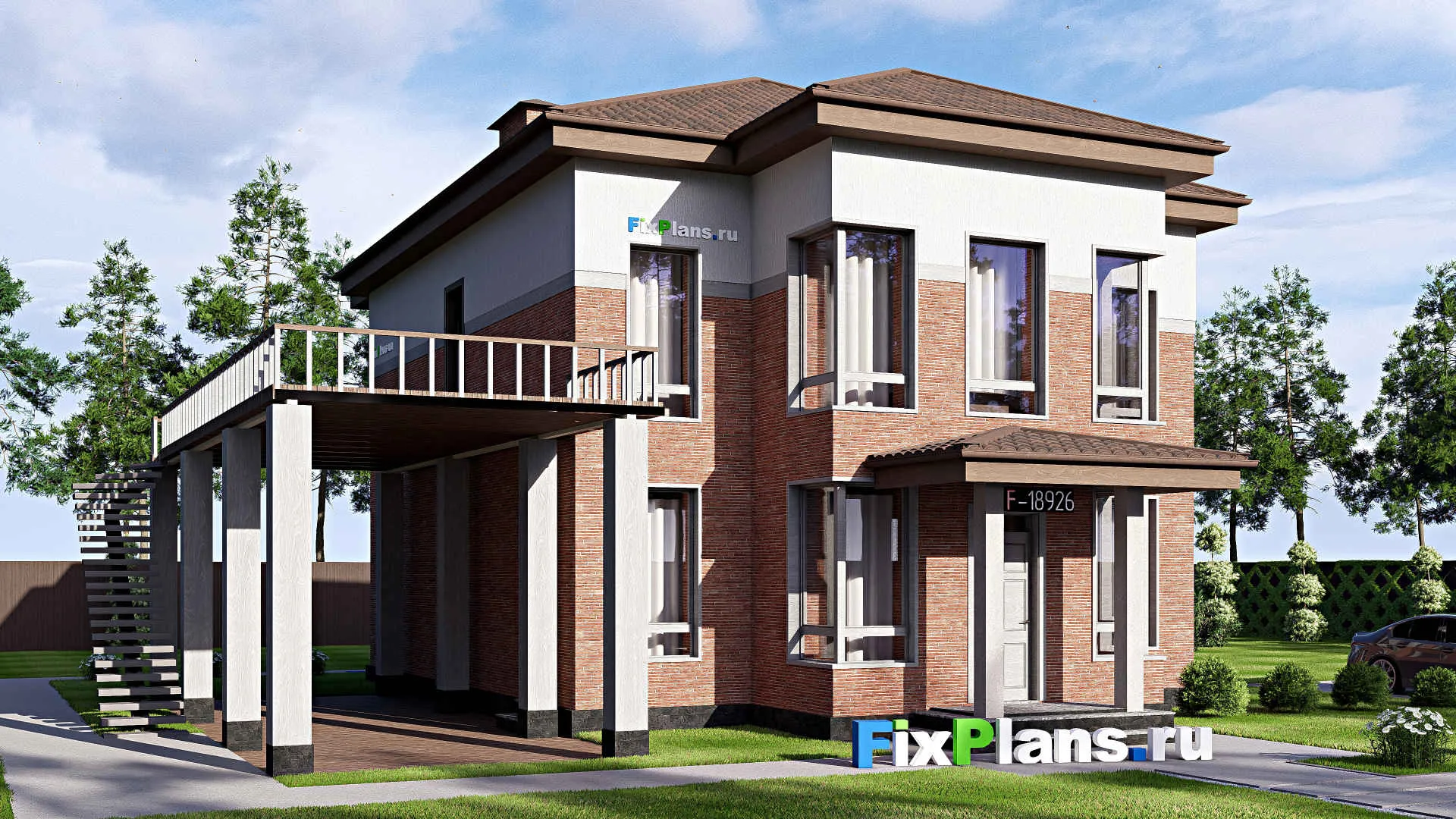F-18926 - Проект двухэтажного дома 16 на 18, площадью 310 м² с террасой, балконом и 4 спальнями