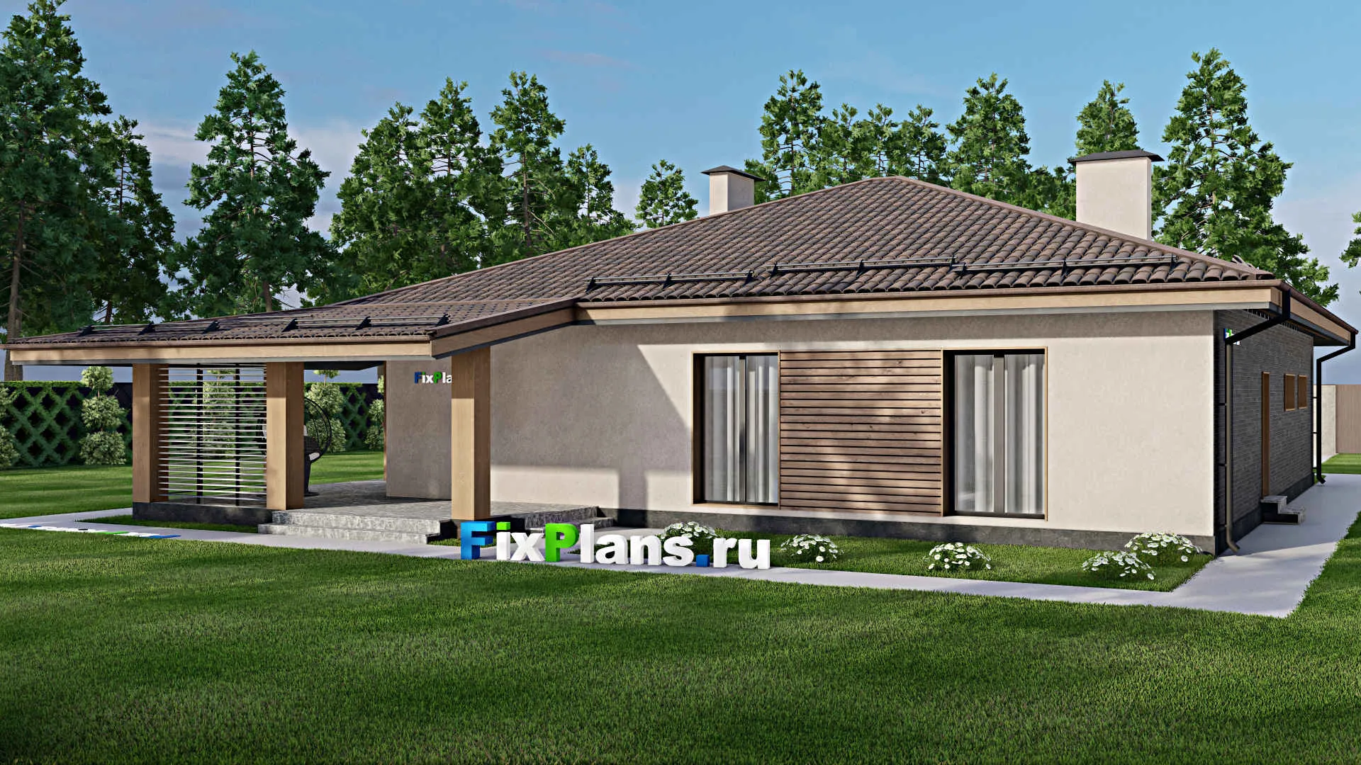 F-6749 - План одноэтажного дома 17 на 20, площадью 220 м² с террасой, гаражом на 2 машины и 3 спальнями