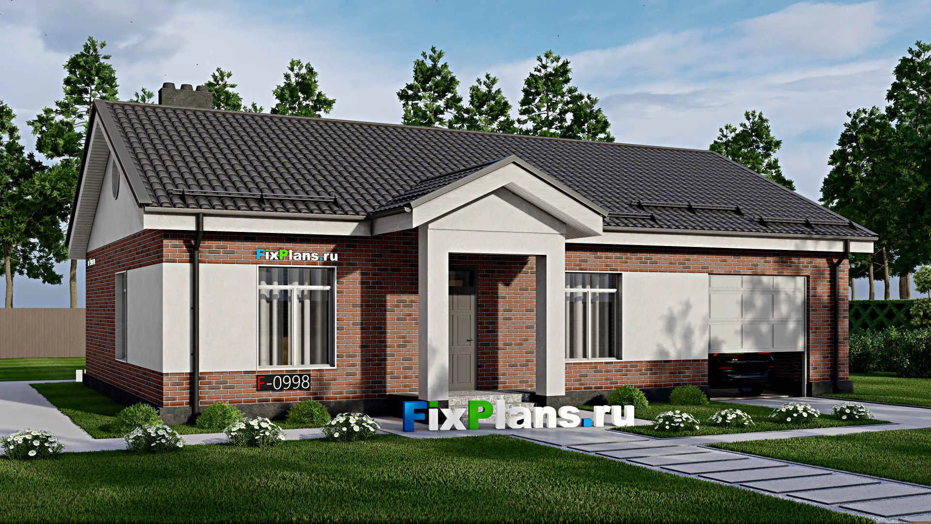 F-0998 - Проект одноэтажного дома 12 на 17, площадью 140 м² с гаражом на 1 машину и 3 спальнями