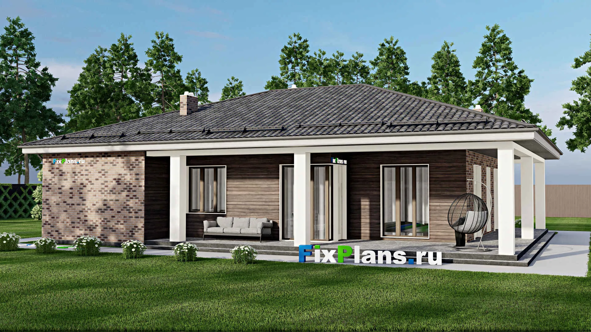 F-3275 - Проект одноэтажного дома 14 на 16, площадью 180 м² с террасой, гаражом на 1 машину и 2 спальнями