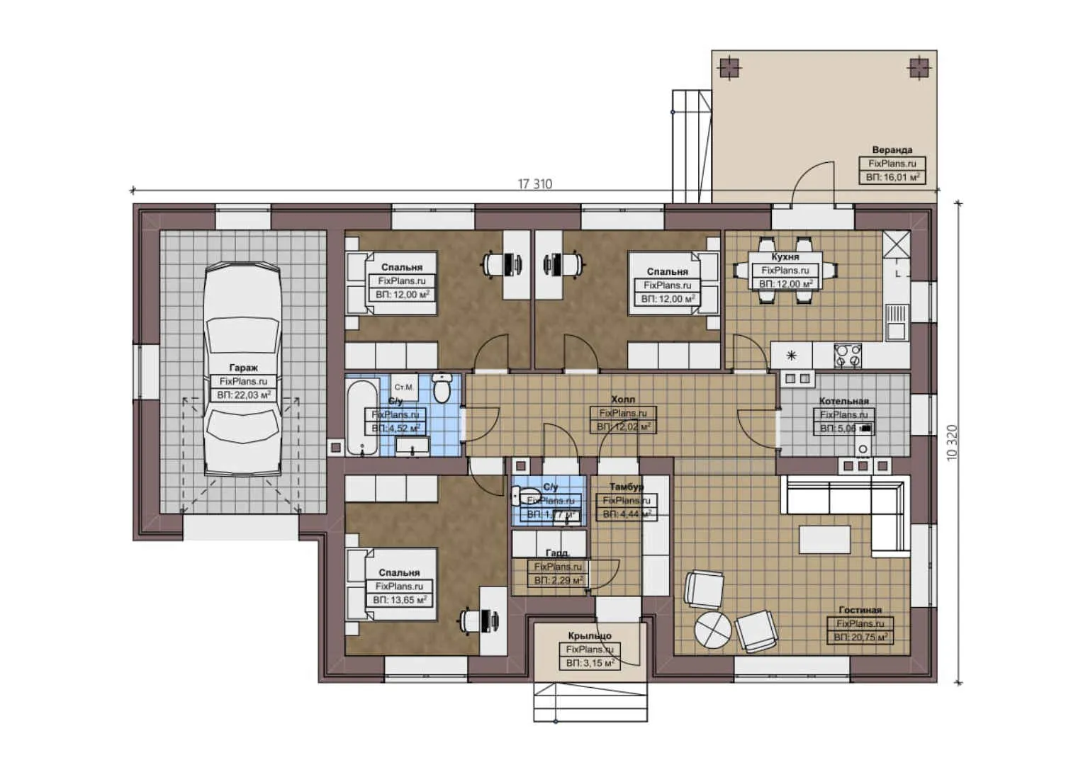 F-0827 - План одноэтажного дома 11 на 18, площадью 150 м² с террасой, гаражом на 1 машину и 3 спальнями