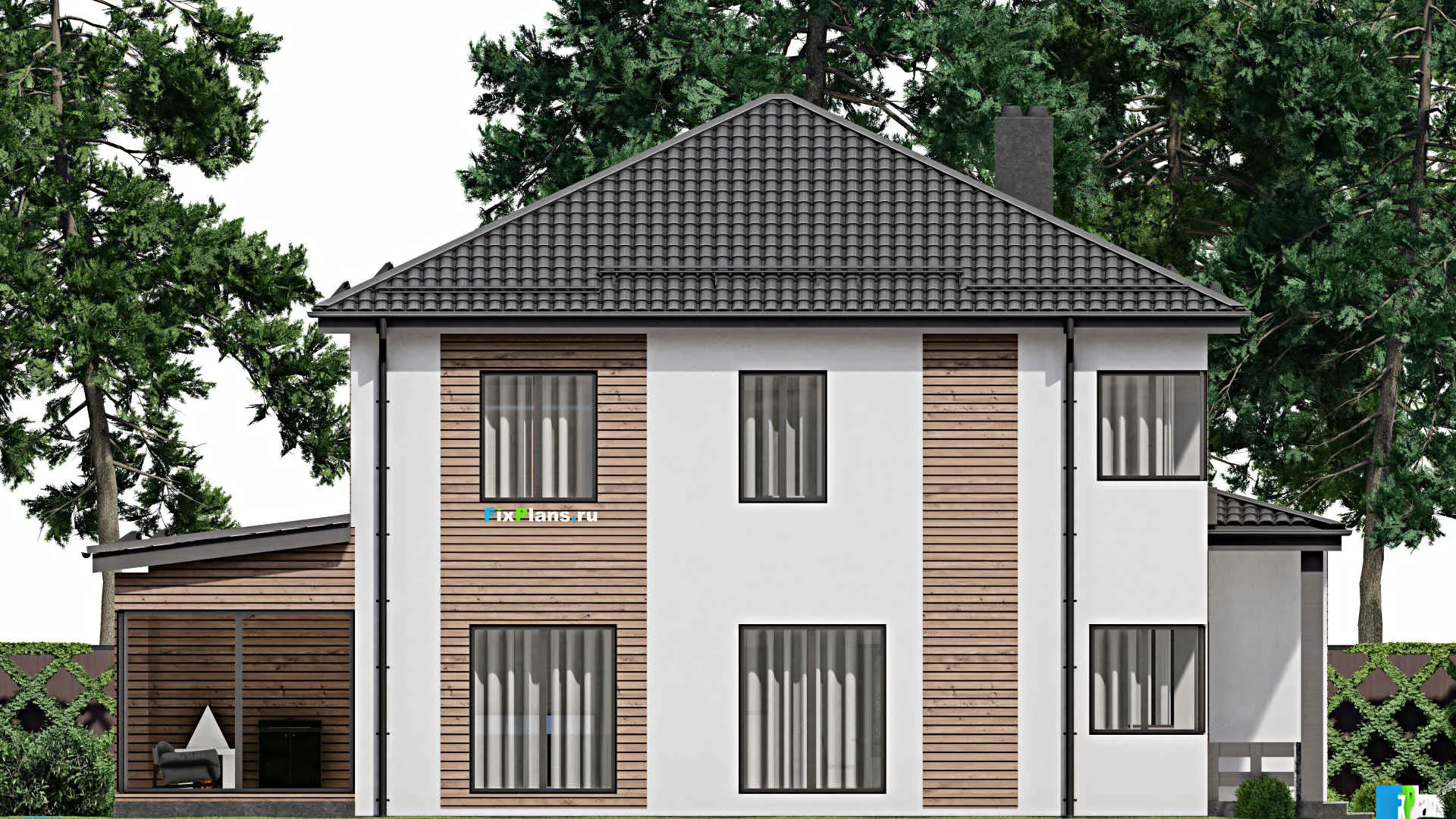 F-4049 - Планы двухэтажного дома 12 на 17, площадью 230 м² с террасой, баней и 4 спальнями