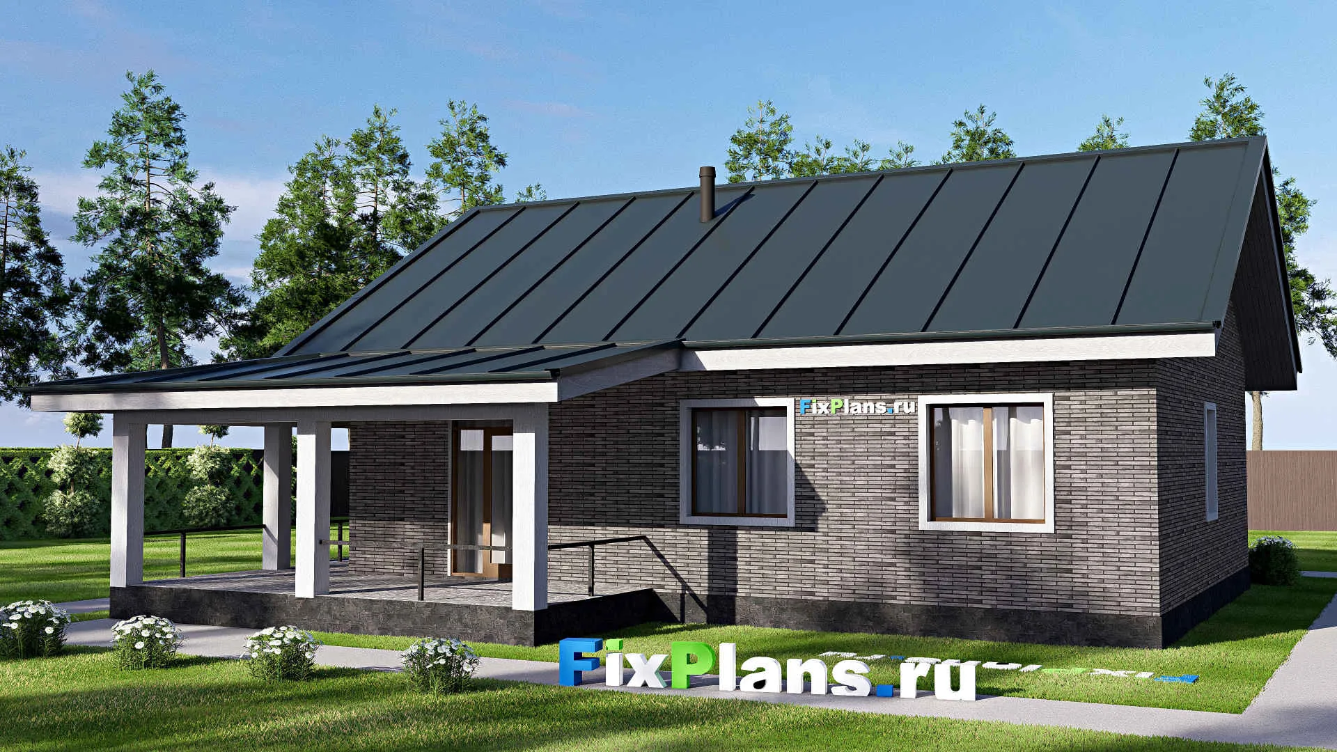 F-20555 - Проект одноэтажного дома 14 на 14, площадью 130 м² с террасой и 3 спальнями