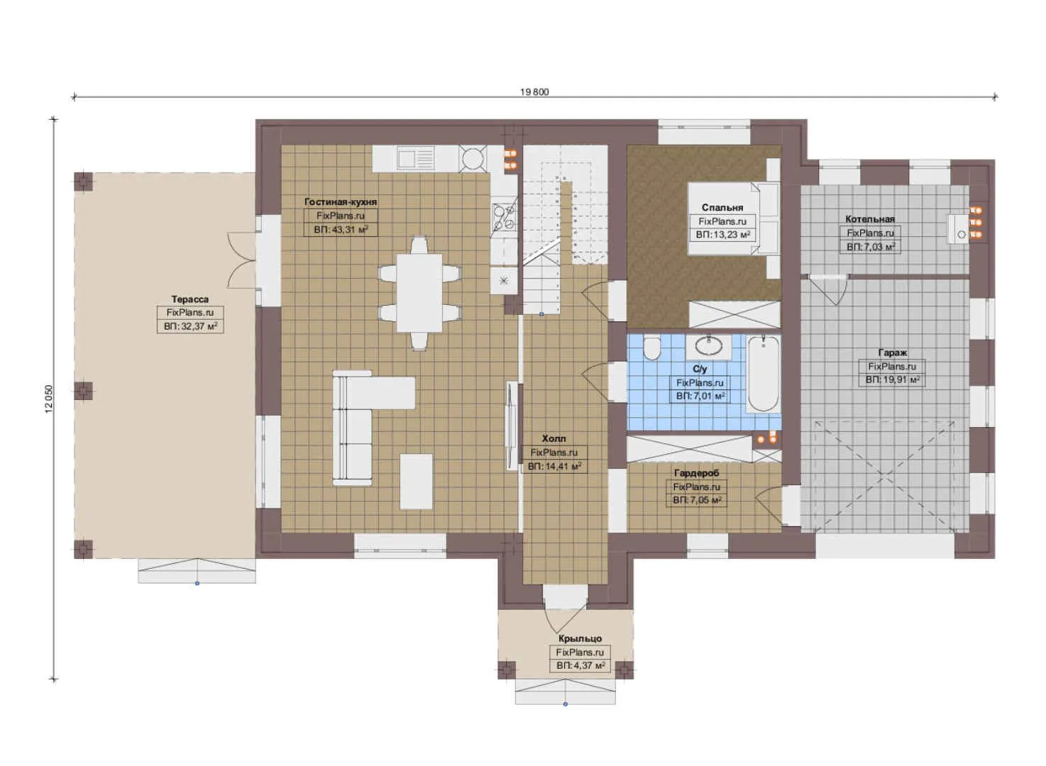 F-12671 - Планы двухэтажного дома 13 на 20, площадью 240 м² с террасой, гаражом на 1 машину и 4 спальнями