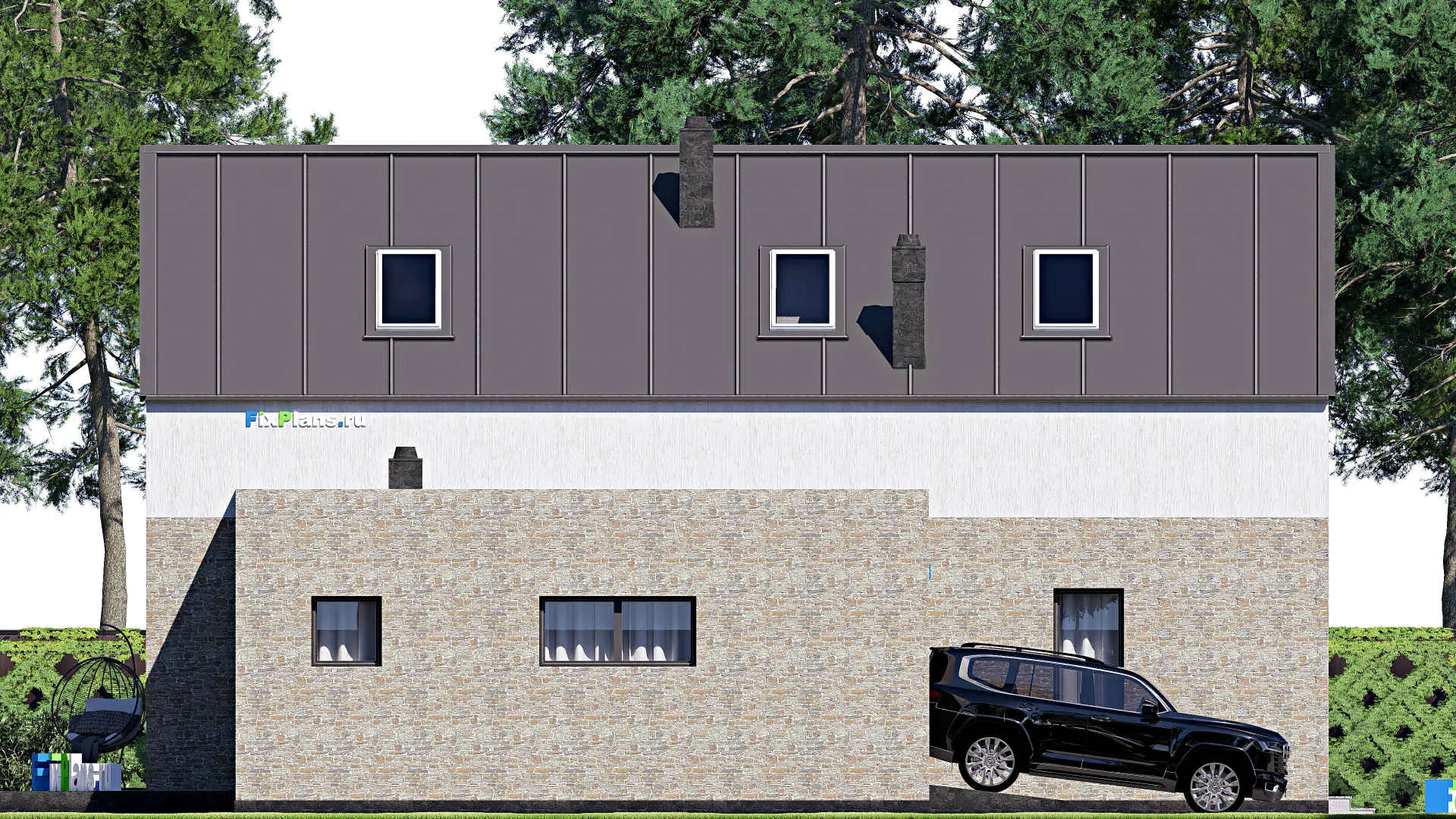 F-16568 - Проект дома с мансардой 15 на 18, площадью 270 м² с террасой, балконом, гаражом на 2 машины и 3 спальнями