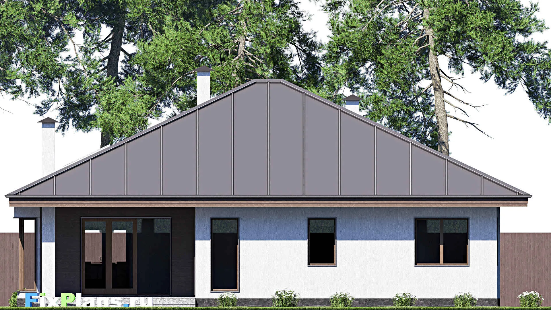 F-18224 - Проект одноэтажного дома 15 на 19, площадью 200 м² с террасой, гаражом на 2 машины и 3 спальнями