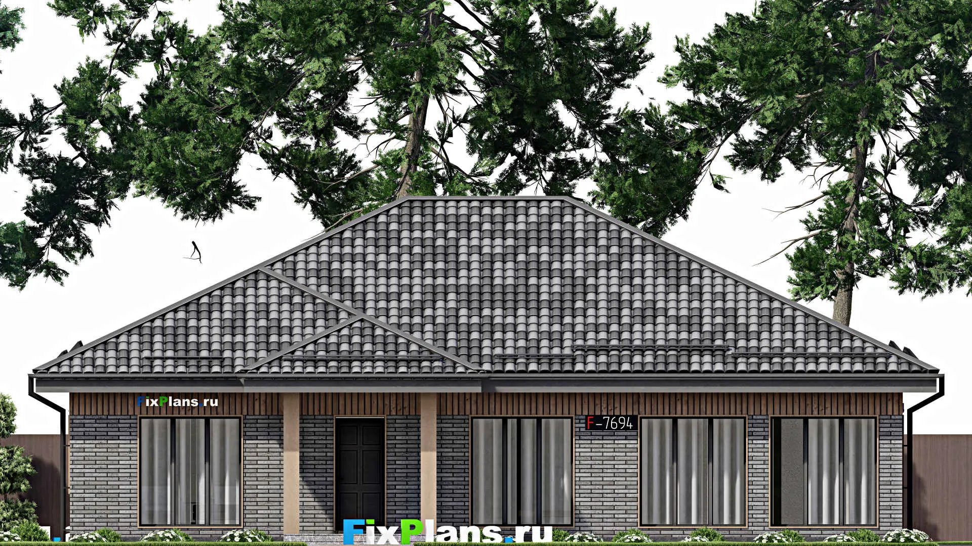 F-7694 - Проект одноэтажного дома 15 на 16, площадью 170 м² с террасой, баней и 3 спальнями