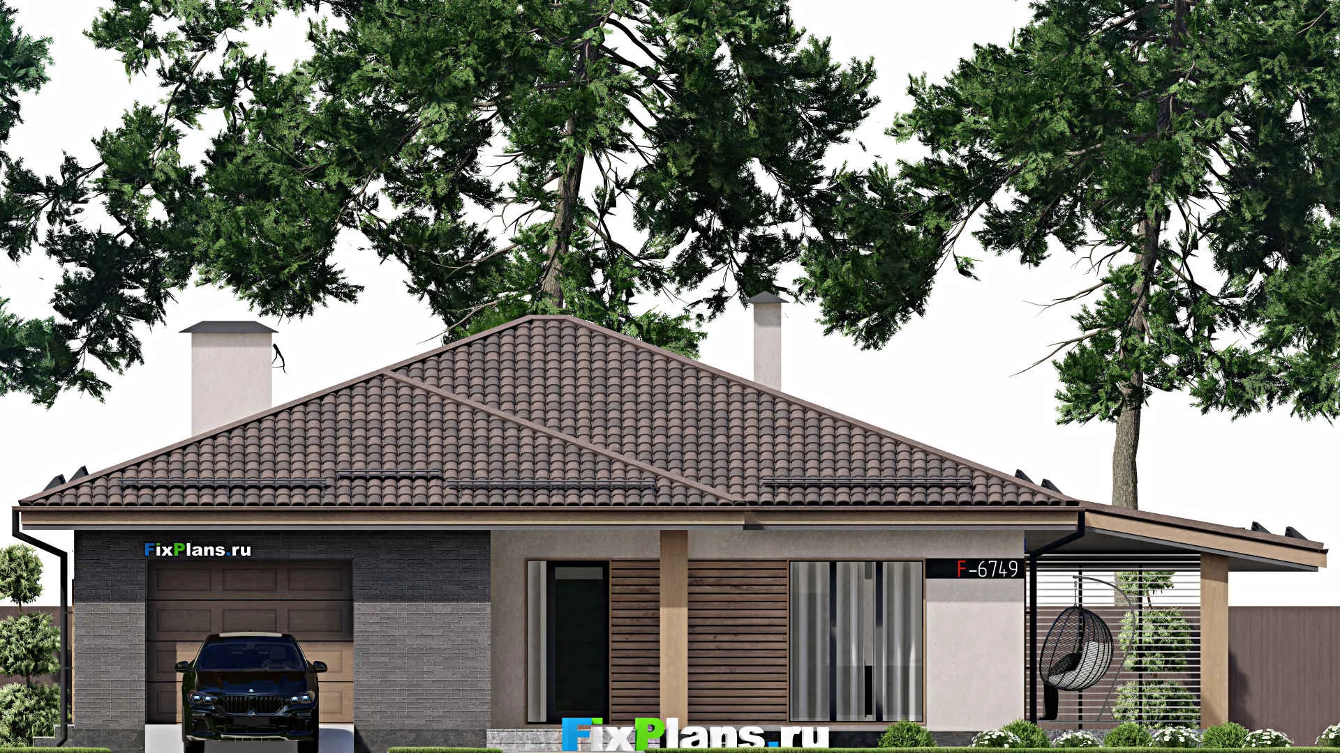 F-6749 - План одноэтажного дома 17 на 20, площадью 220 м² с террасой, гаражом на 2 машины и 3 спальнями