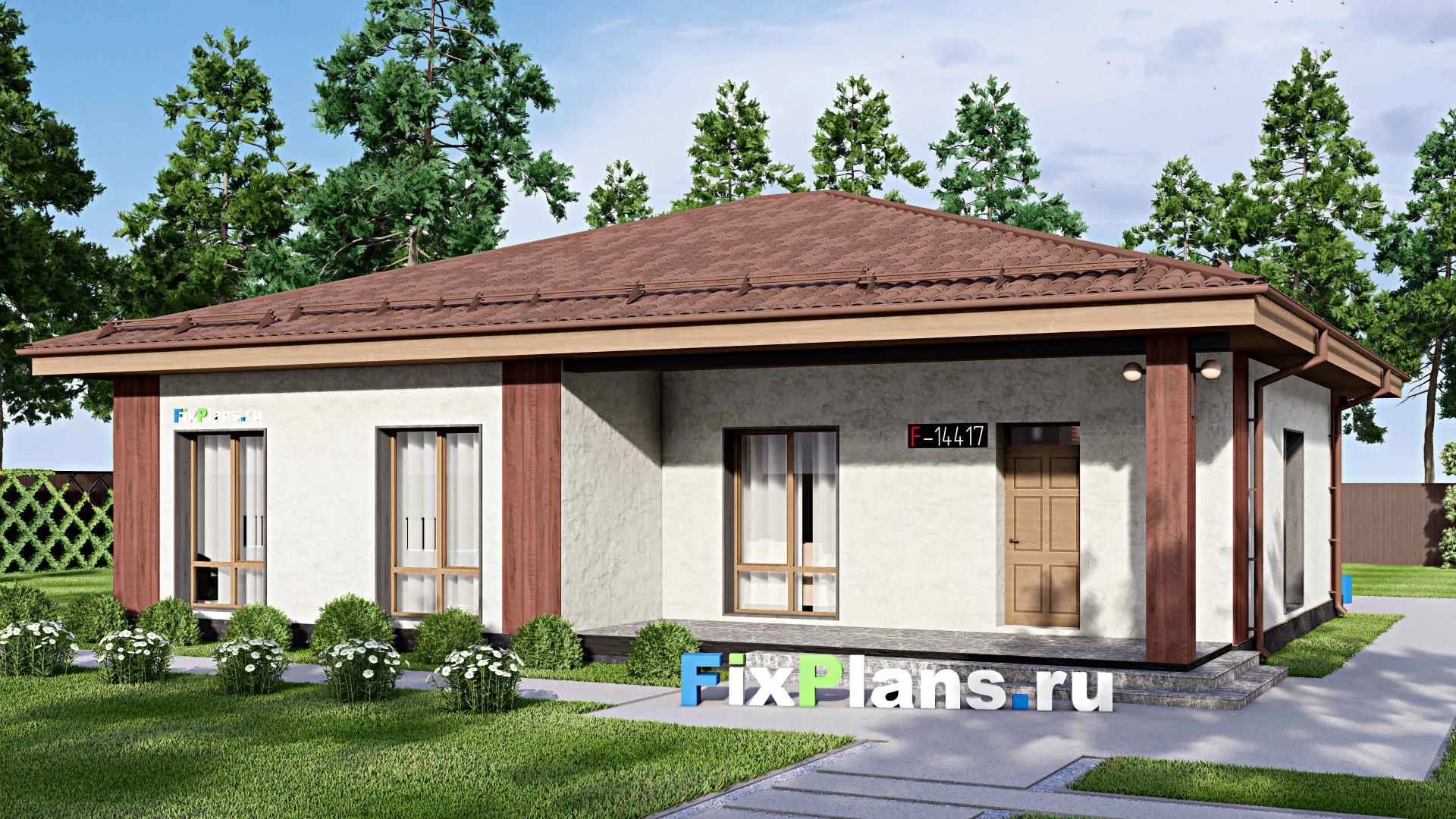 F-14417 - Проект одноэтажного дома 14 на 15, площадью 160 м² с террасой и 3 спальнями