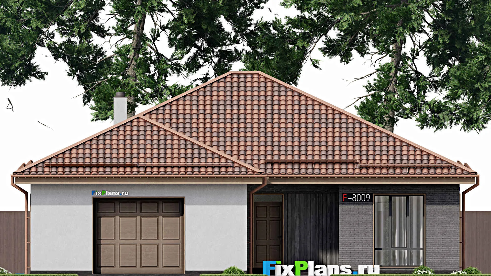 F-8009 - Проект одноэтажного дома 14 на 16, площадью 170 м² с террасой, гаражом на 2 машины и 2 спальнями