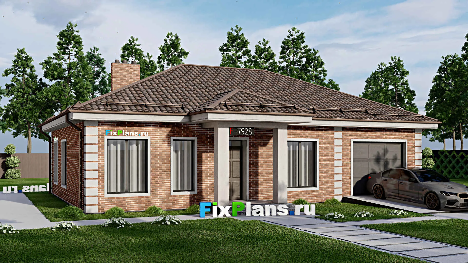 F-7928 - Проект одноэтажного дома 11 на 16, площадью 140 м² с баней, гаражом на 1 машину и 3 спальнями
