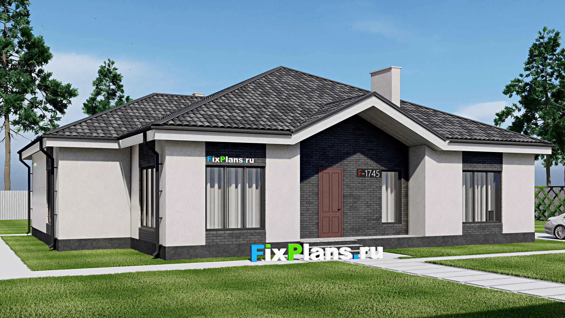 F-1745 - Проект одноэтажного дома 16 на 18, площадью 210 м² с террасой, баней и 2 спальнями