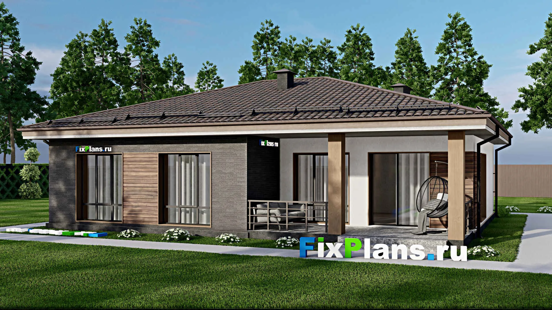 F-6929 - Проект одноэтажного дома 14 на 15, площадью 140 м² с террасой и 3 спальнями