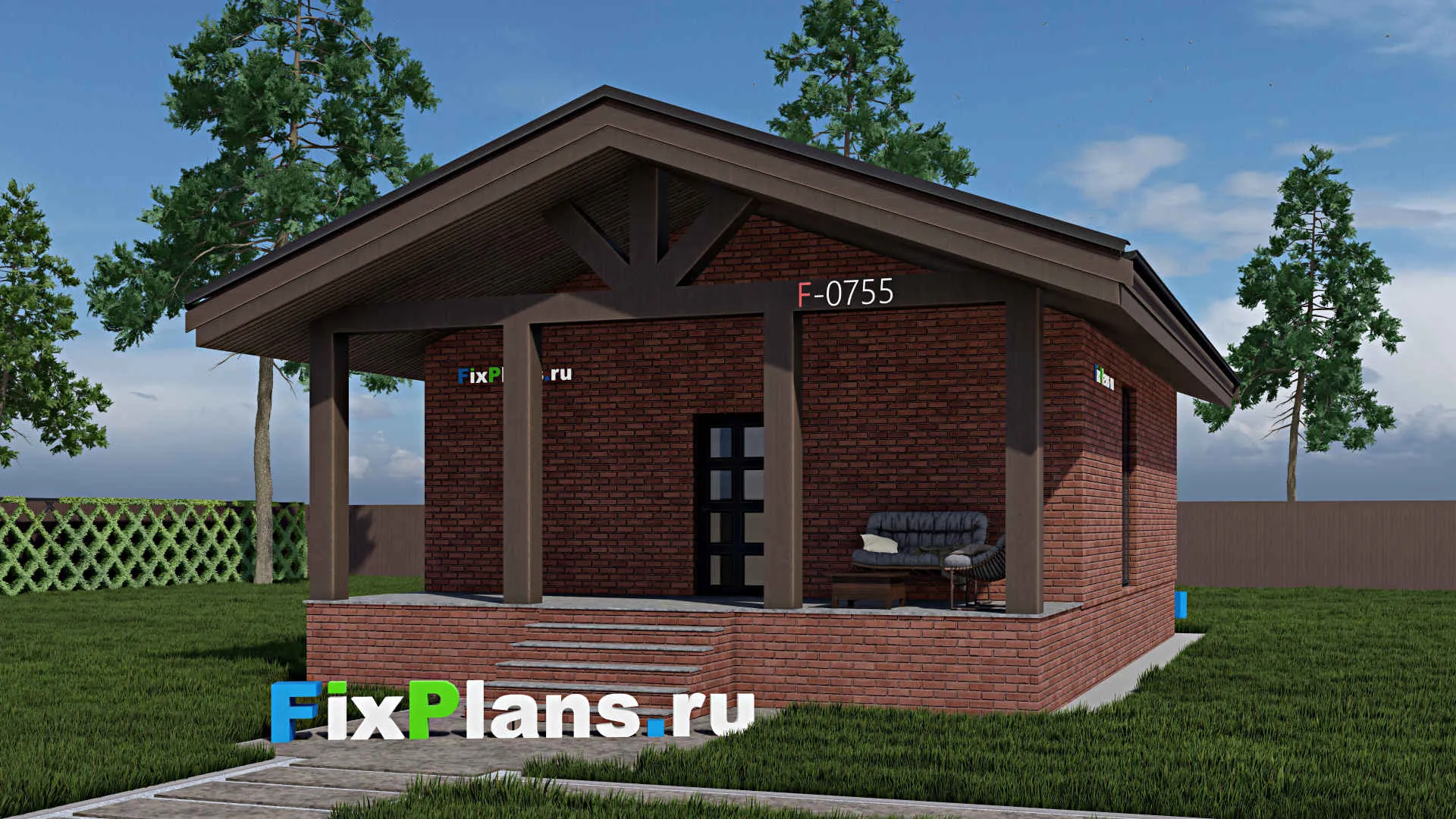 F-0755 - Проект одноэтажного дома 8 на 10, площадью 90 м² с террасой и 2 спальнями