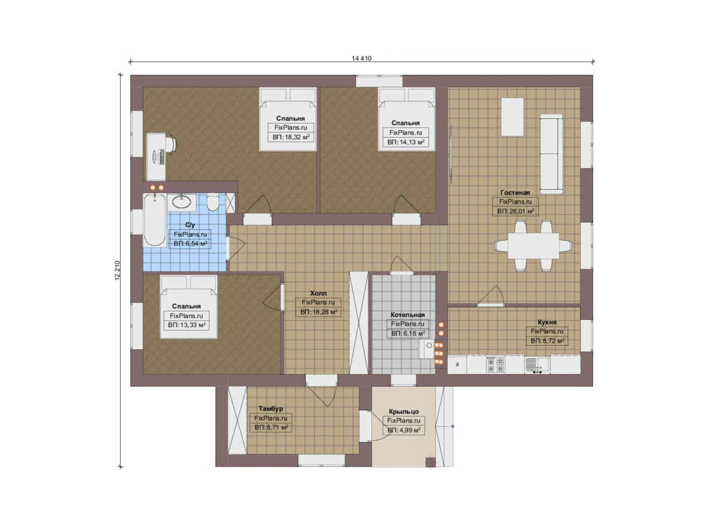 F-13814 - План одноэтажного дома 13 на 15, площадью 130 м² с 3 спальнями