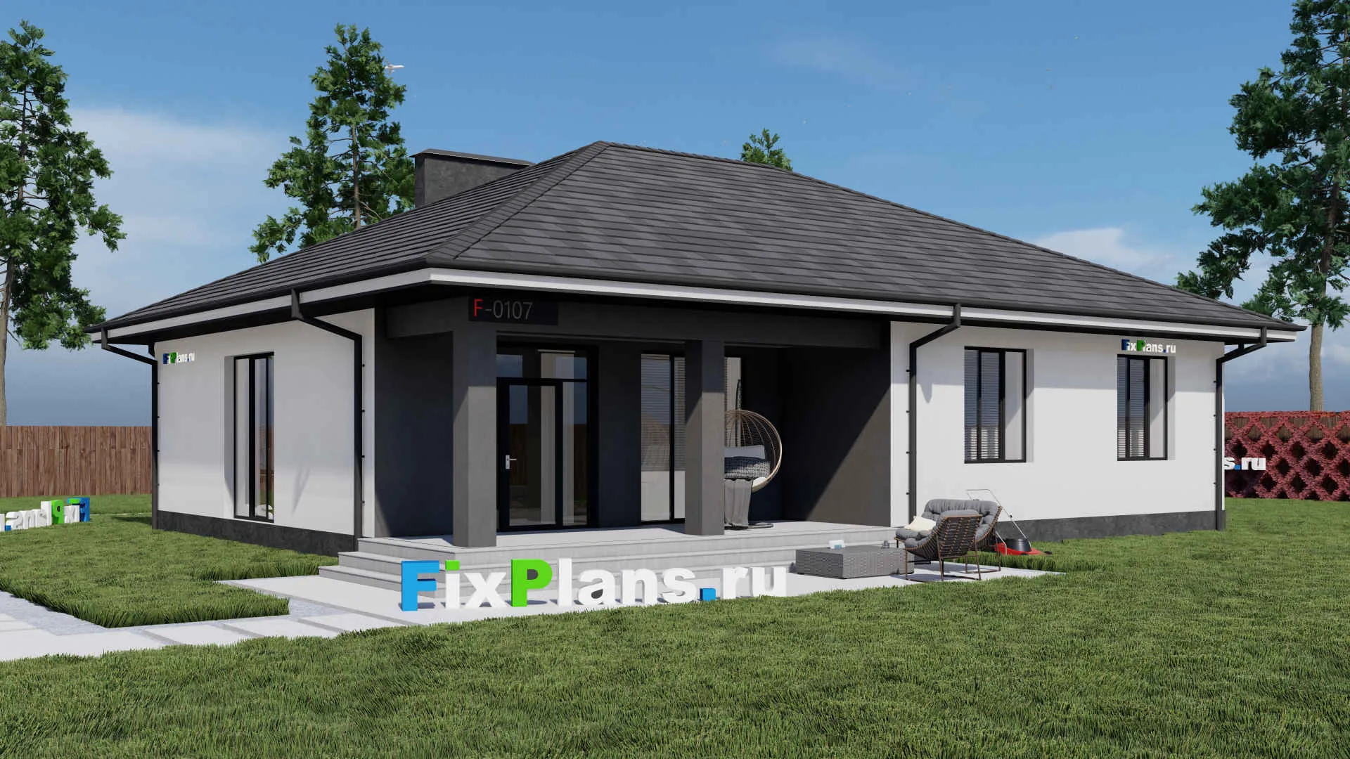 F-0107 - Проект одноэтажного дома 14 на 16, площадью 150 м² с террасой и 3 спальнями