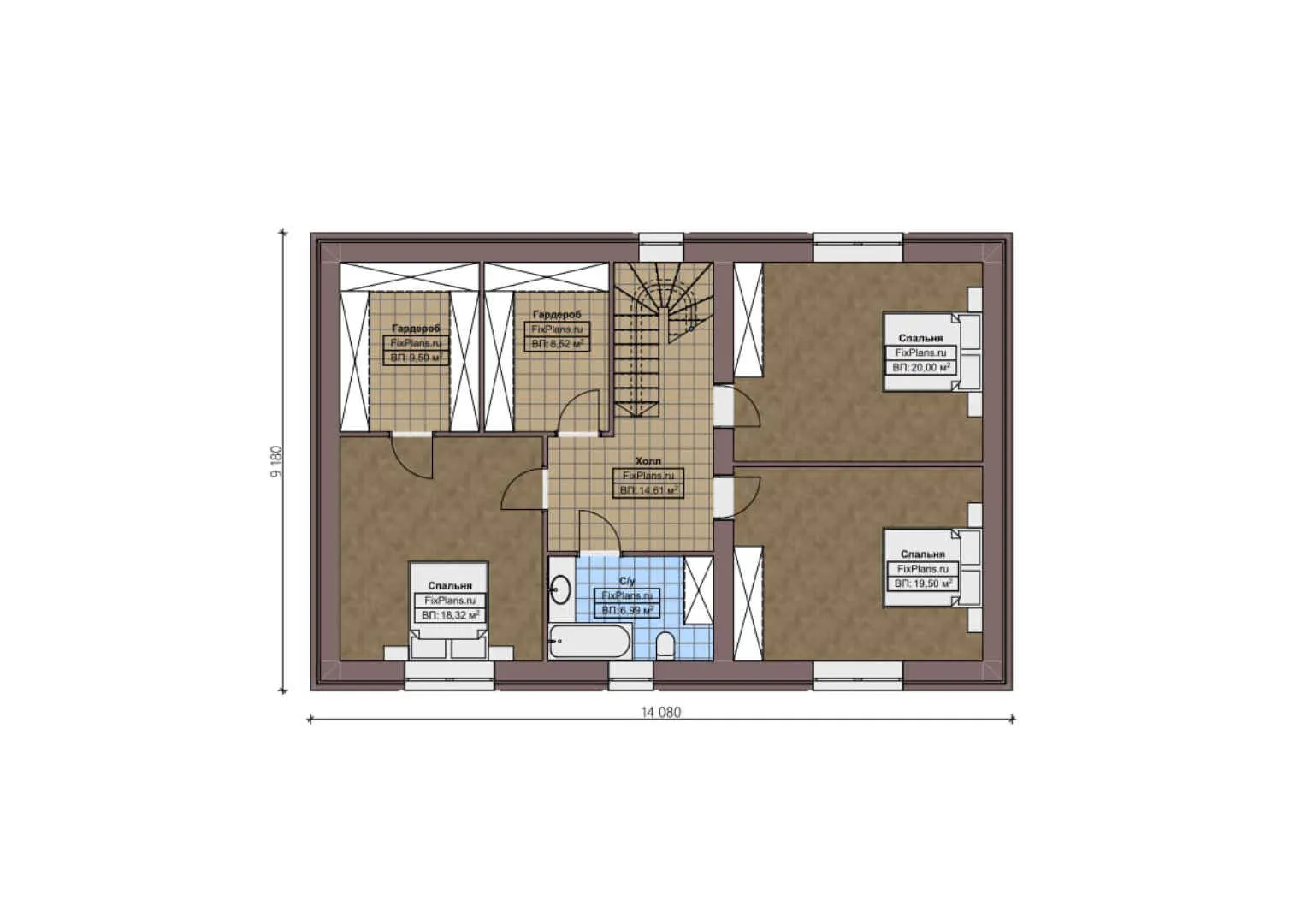 F-2483 - Планы дома с мансардой 14 на 19, площадью 300 м² с террасой, баней, гаражом на 1 машину и 4 спальнями