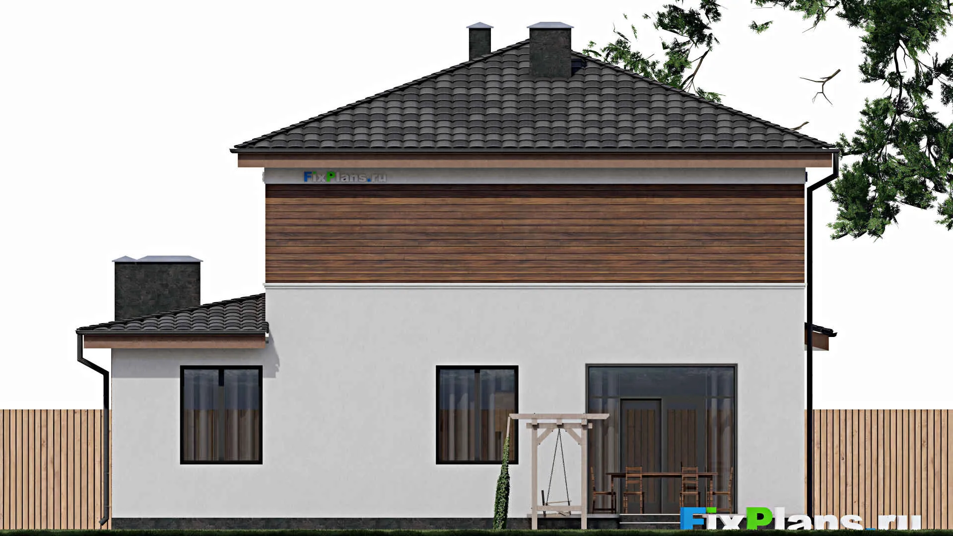 F-0530 - Проект двухэтажного дома 12 на 13, площадью 220 м² с террасой, гаражом на 1 машину и 4 спальнями